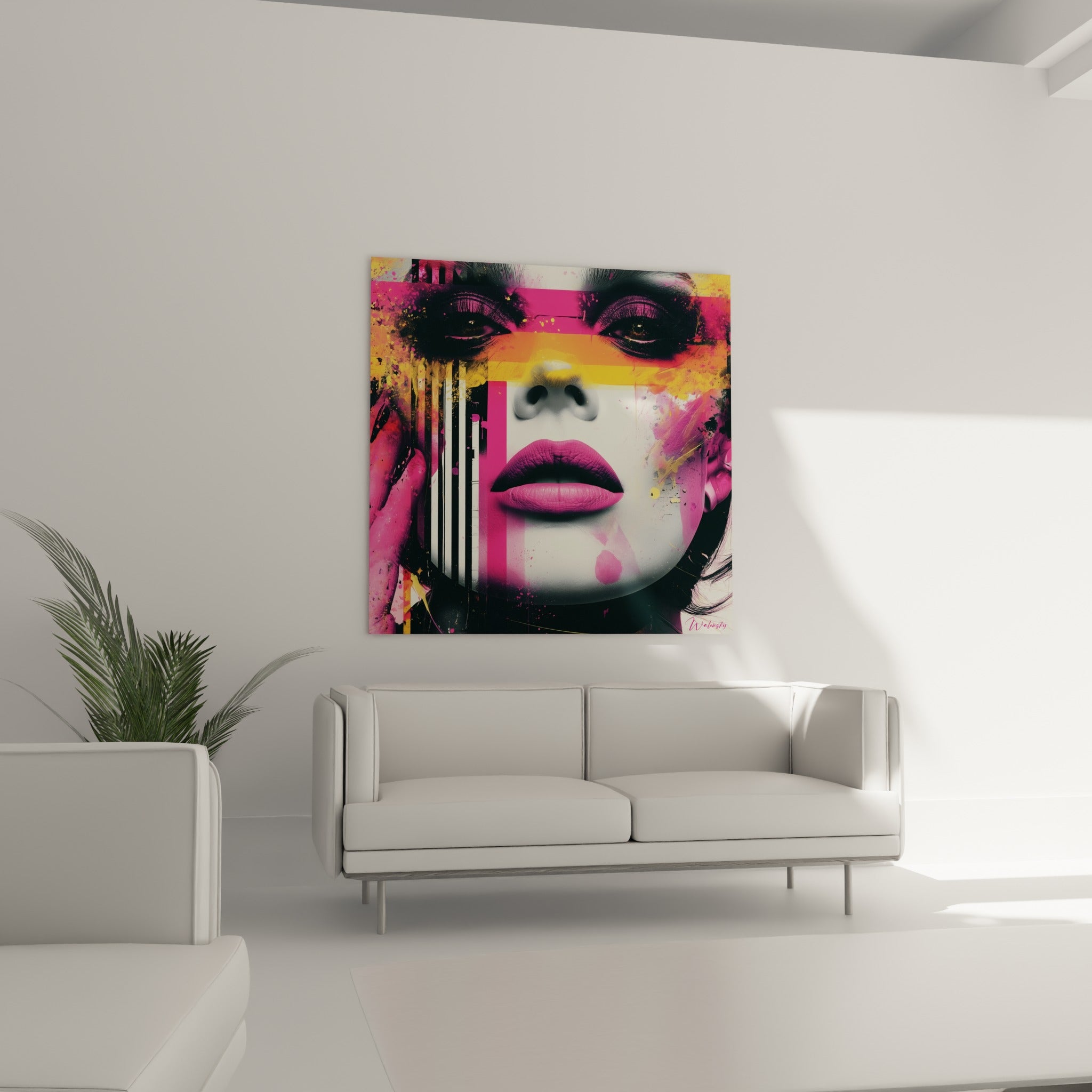 Visage graphique aux couleurs vives orange et rose, suspendu au-dessus d'un canapé dans un salon lumineux
