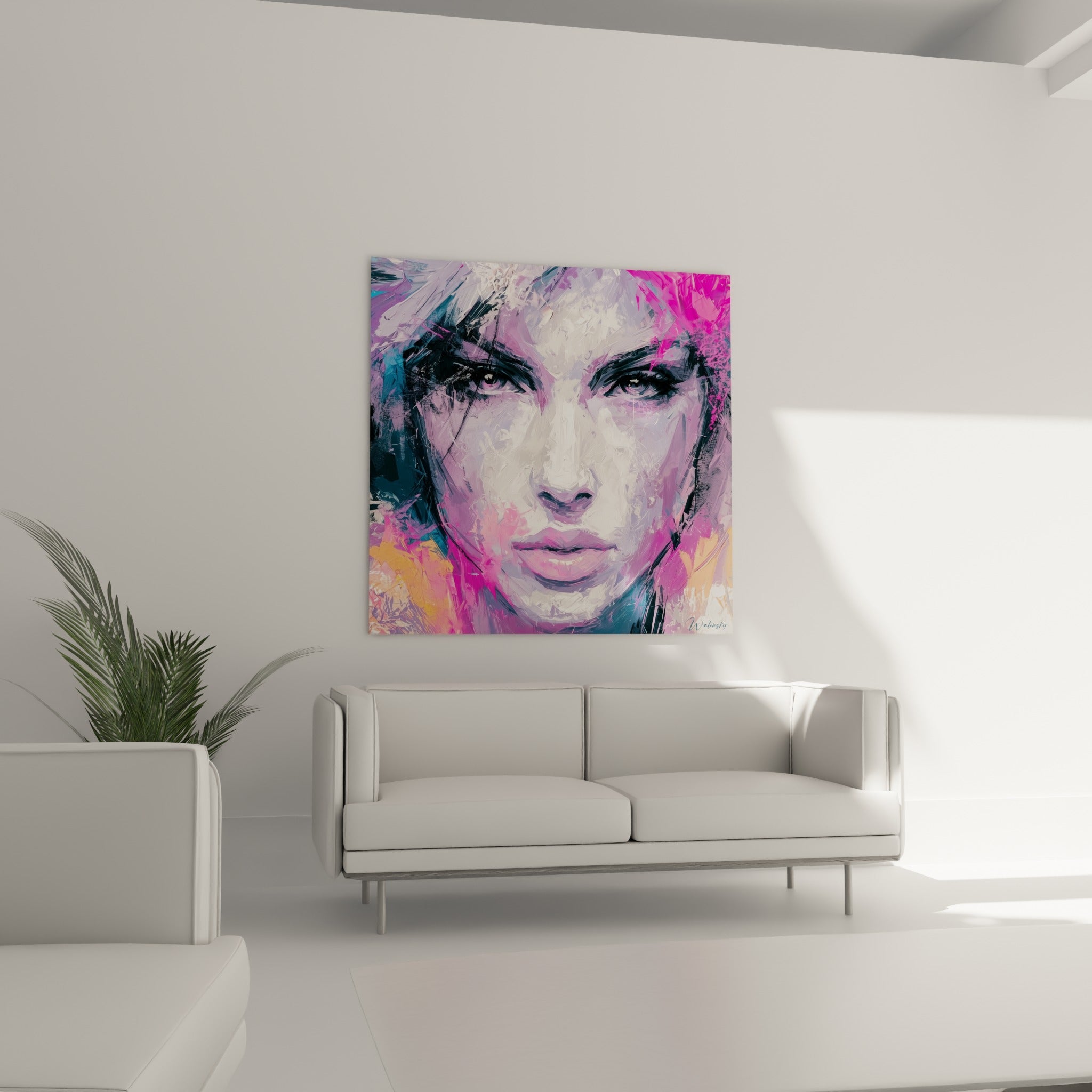 Regard perçant du visage abstrait violet et orangé, au-dessus d'un canapé dans un salon lumineux
