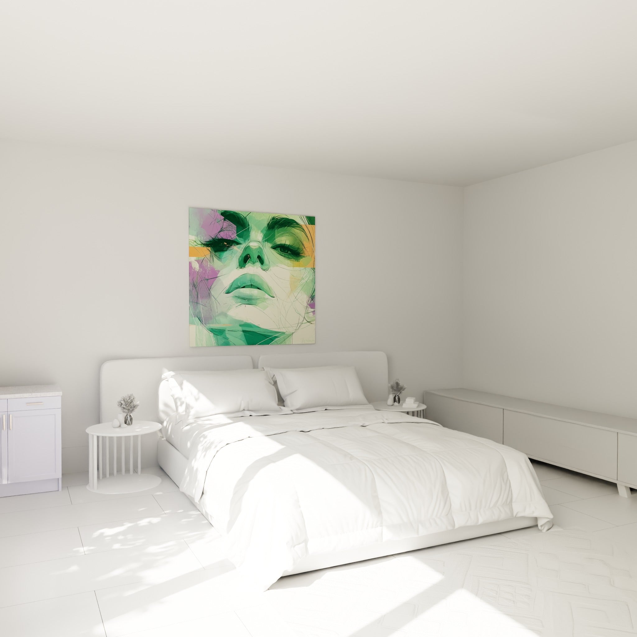 Portrait esquissé vert émeraude et orange du visage abstrait, au-dessus d'un lit dans une chambre claire