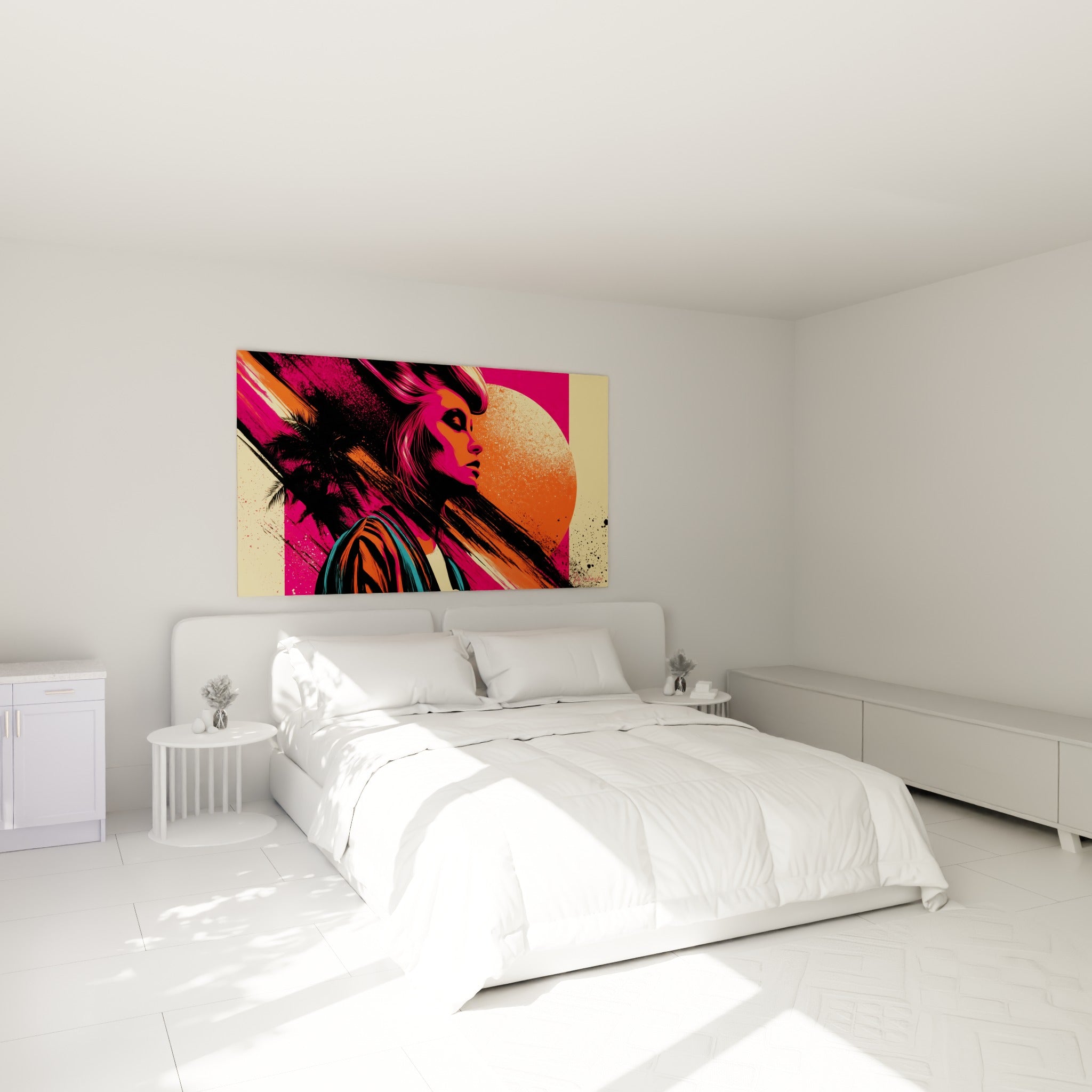 Portrait graphique orange et rose fuchsia du visage abstrait, accroché au-dessus d'un lit dans une chambre claire