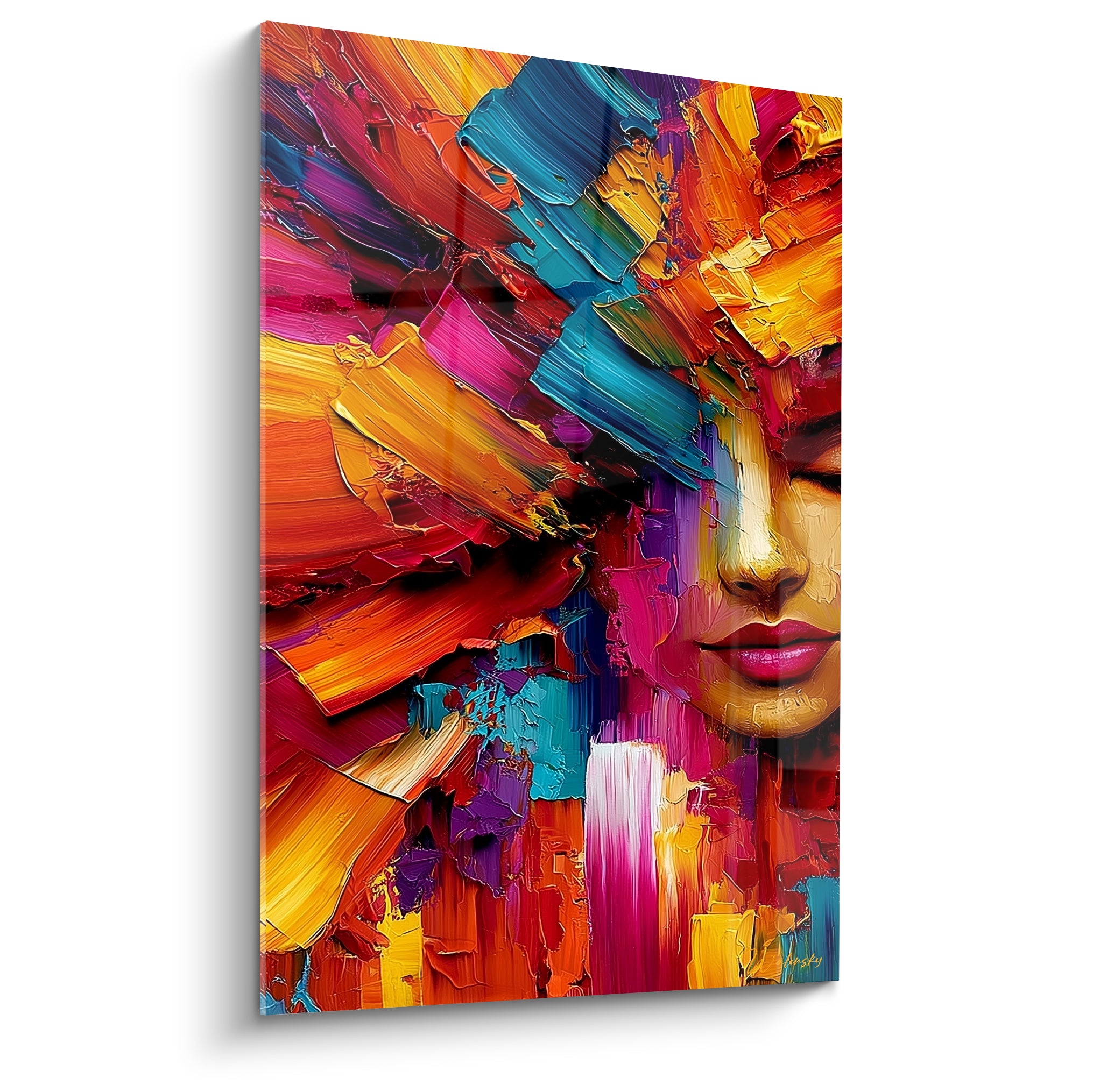 Visage abstrait aux yeux clos, chevelure orange et turquoise en peinture texturée au couteau