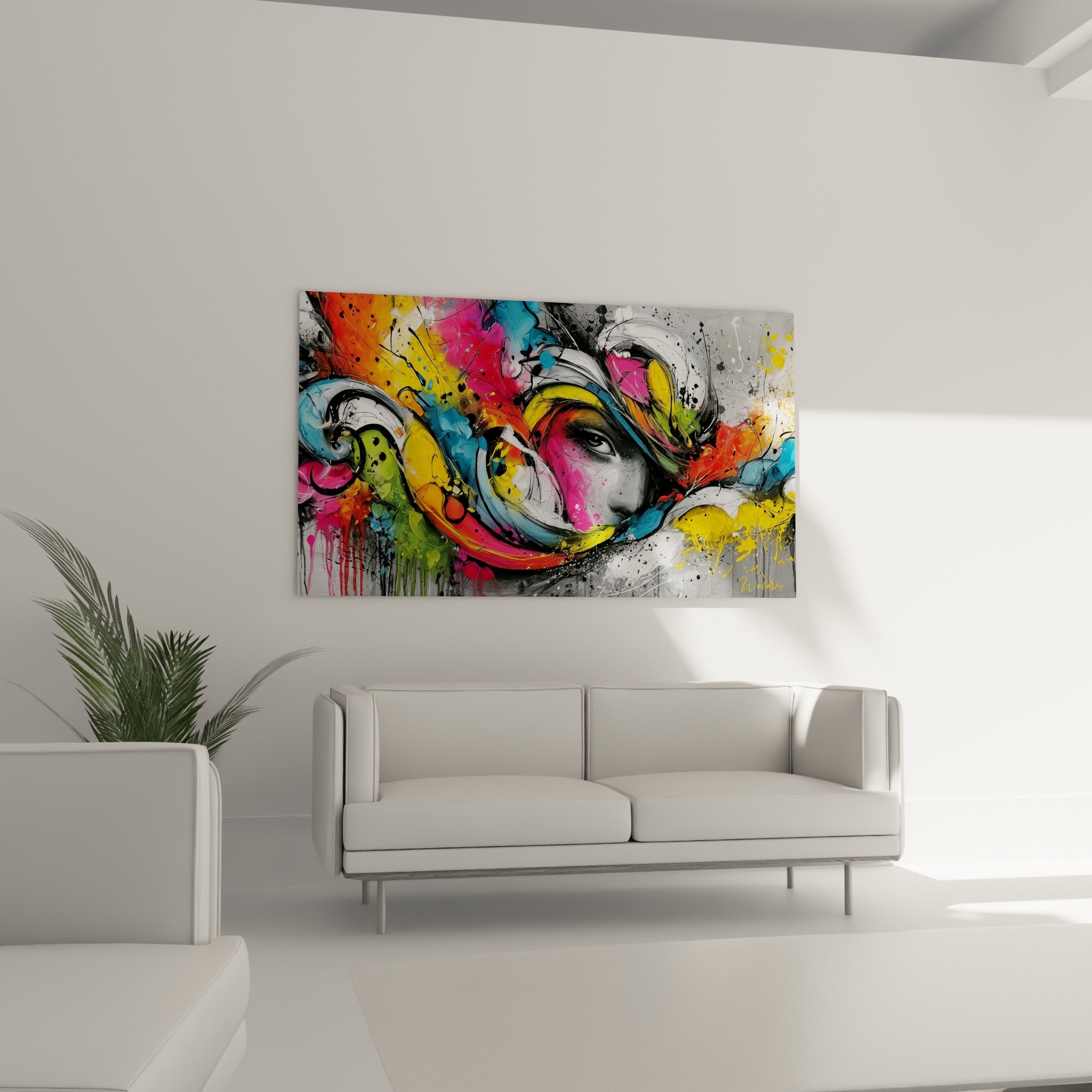 Tourbillon coloré autour d'un visage abstrait, tons orange et vert anis, au-dessus d'un canapé dans un salon lumineux