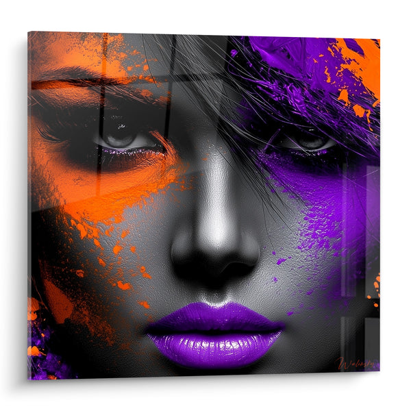 Tableau Visage gris aux éclaboussures orange et violet - Duel intérieur - Edition Visage abstrait