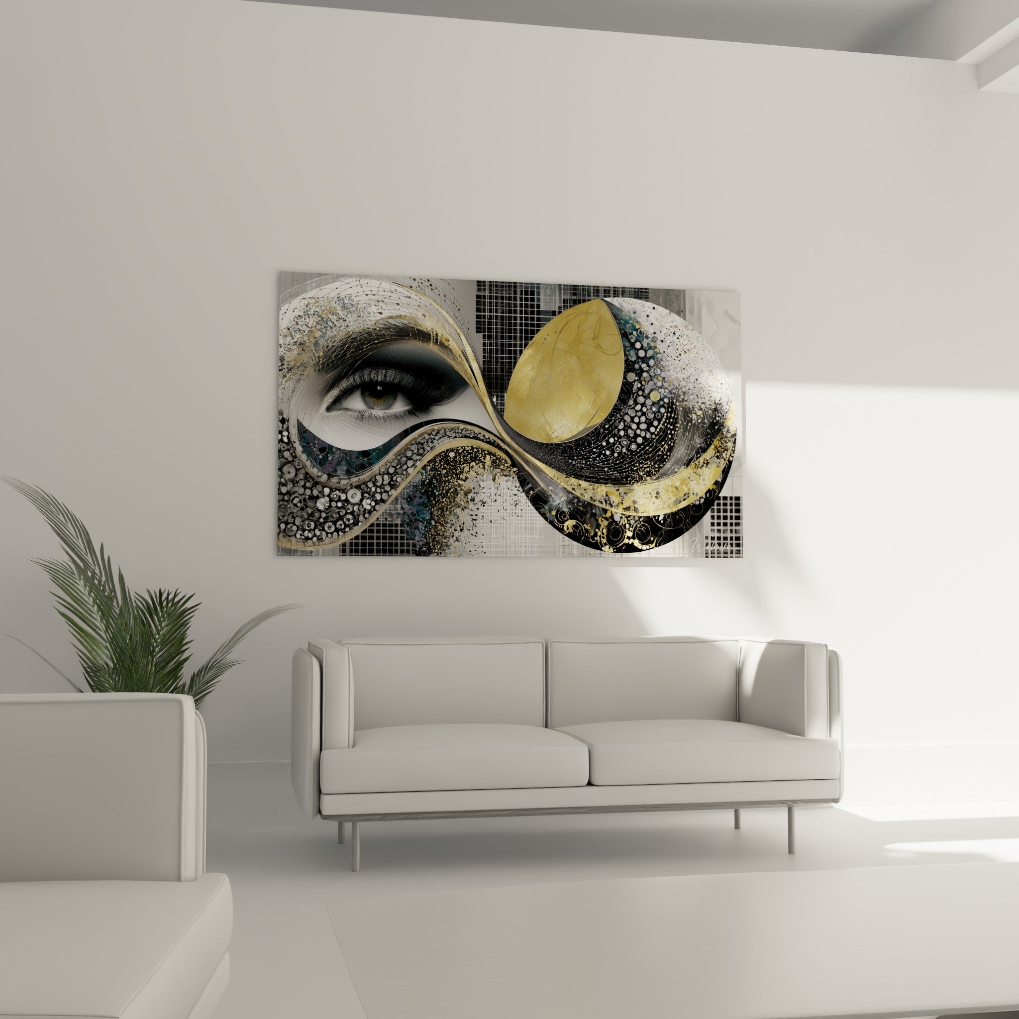 Regard perçant émergeant d'un tourbillon anthracite et or, tableau visage abstrait au-dessus d'un canapé dans un salon lumineux