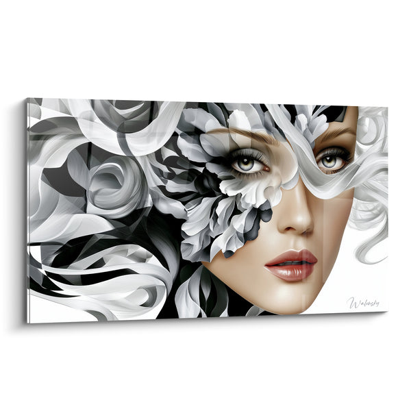 Tableau Visage féminin aux pétales noirs et blancs - Métamorphose voilée - Edition Visage abstrait