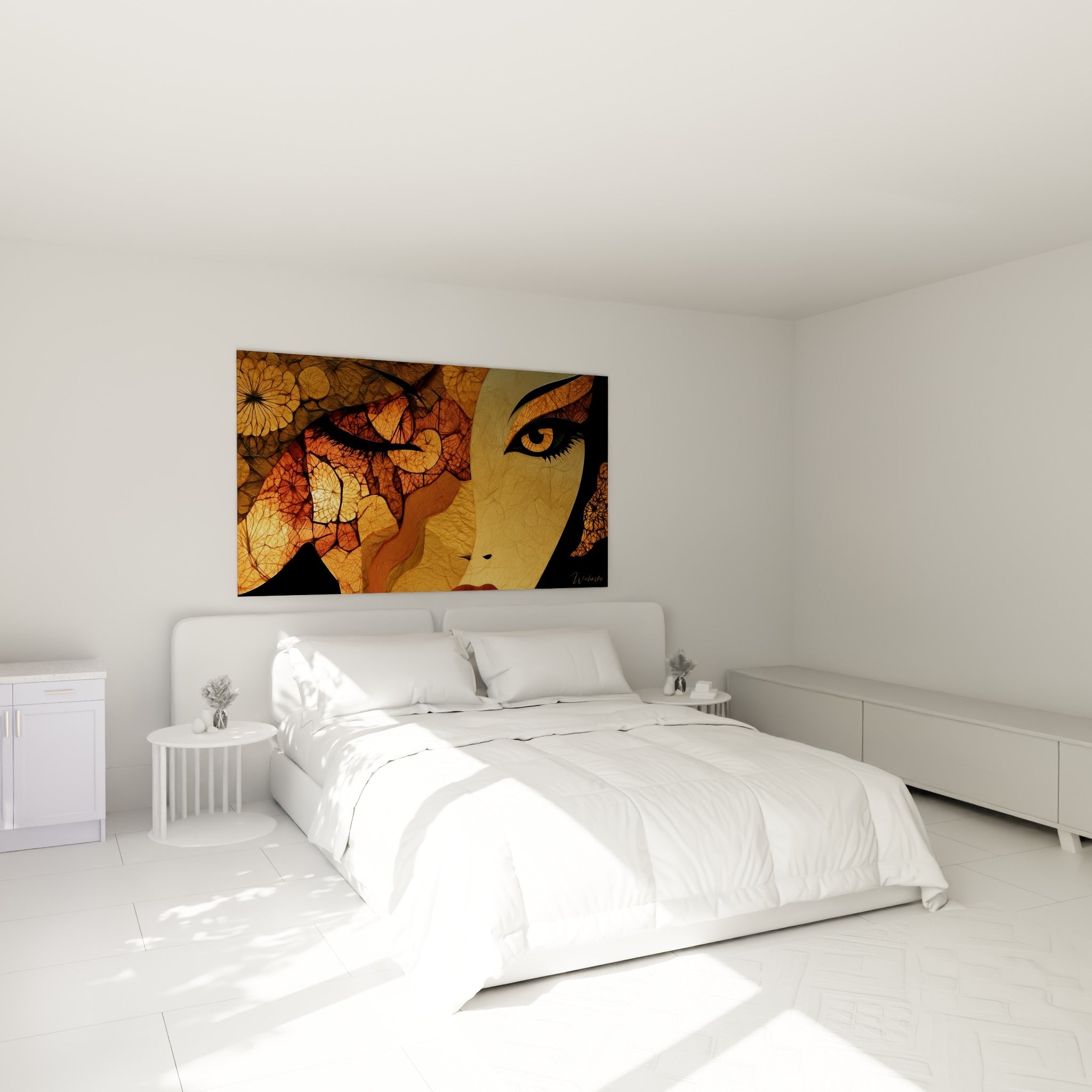 Regard ambré émergeant de pétales dorés et anthracite, accroché au-dessus d'un lit dans une chambre claire