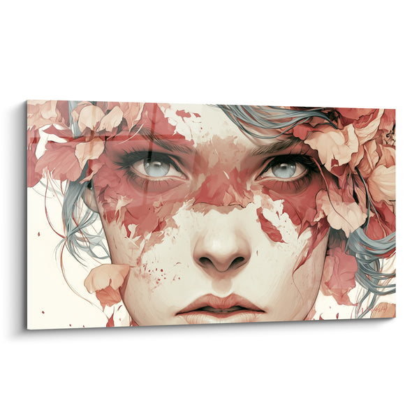 Tableau Visage rose et gris aux pétales éclatés - Regard bleu perçant - Edition Visage abstrait