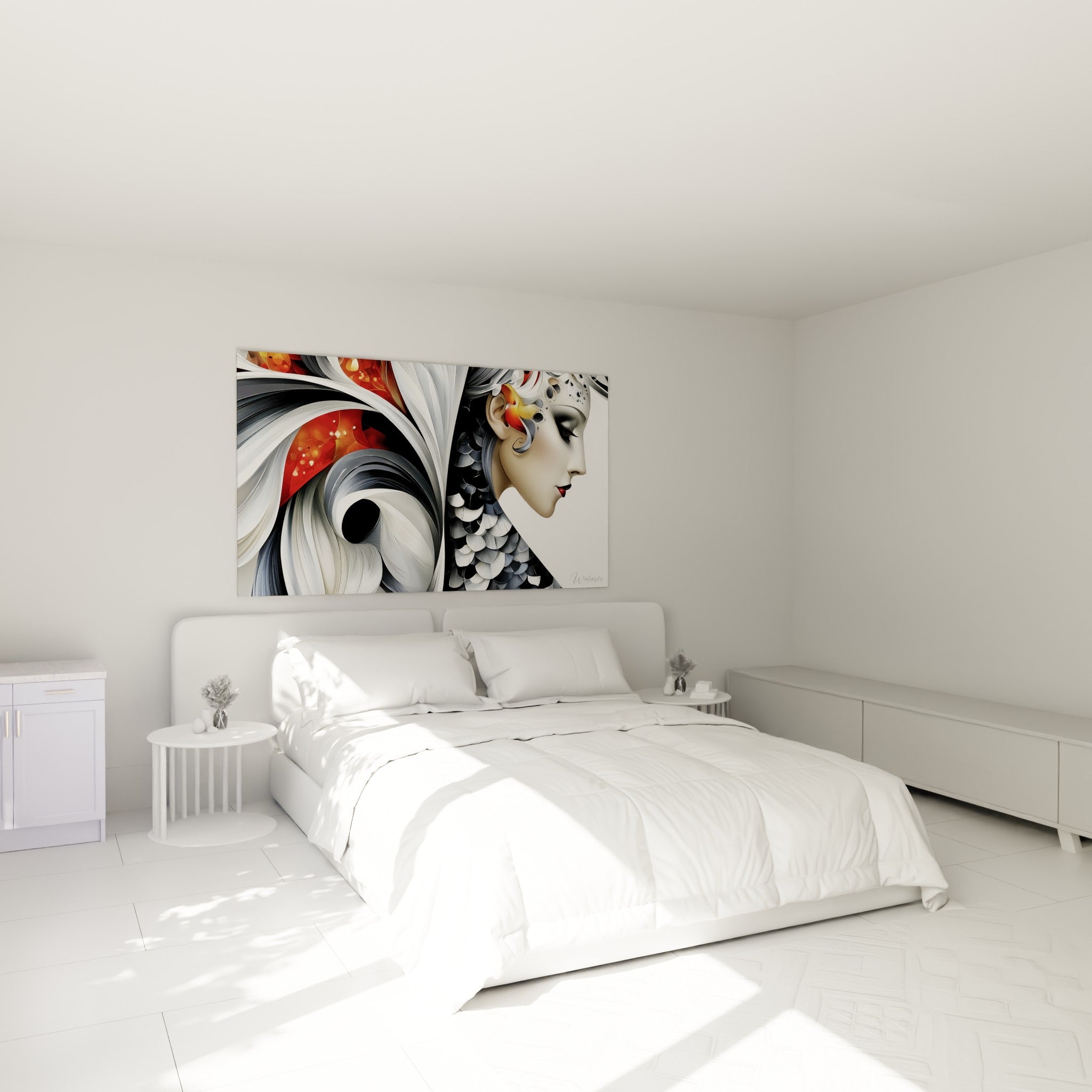 Profil féminin entouré de volutes blanches et rouges, Visage abstrait accroché au-dessus d'un lit dans une chambre claire