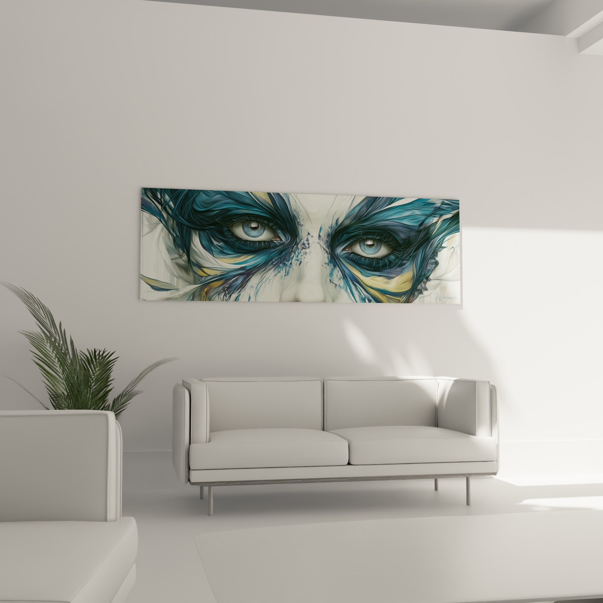 Visage abstrait aux yeux perçants et touches dorées, au-dessus d'un canapé dans un salon lumineux