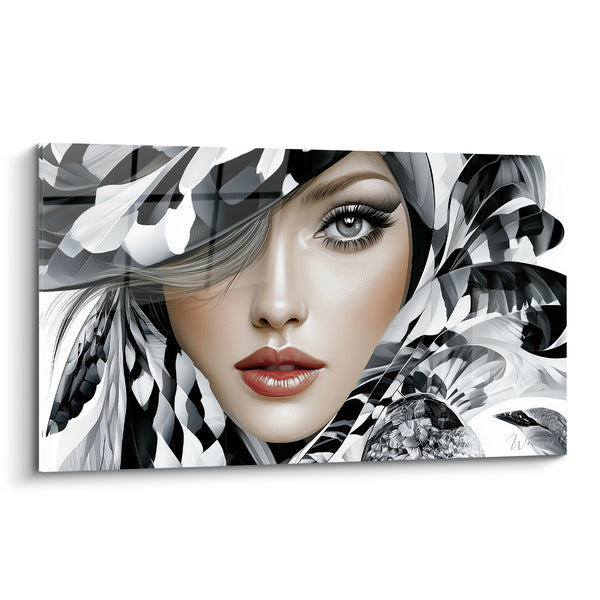 Tableau Visage noir et blanc aux oiseaux nichés - Œil gris perçant - Edition Visage abstrait