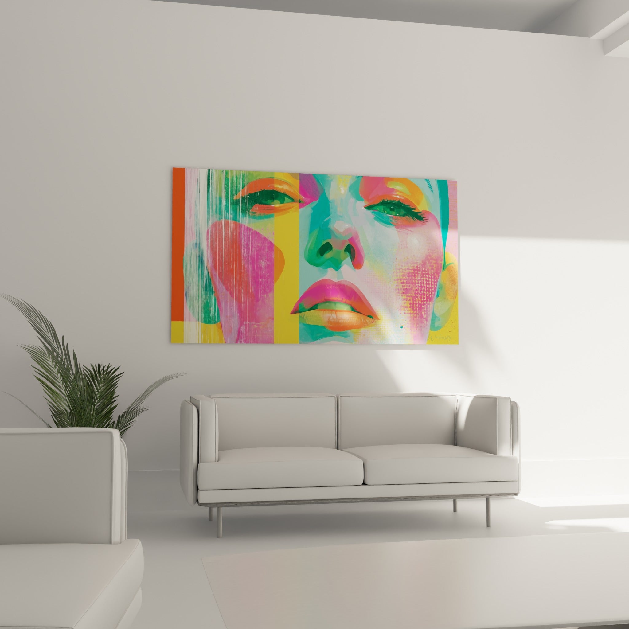 Portrait fragmenté aux couleurs corail et turquoise, motif pointillé rose, au-dessus d'un canapé dans un salon lumineux
