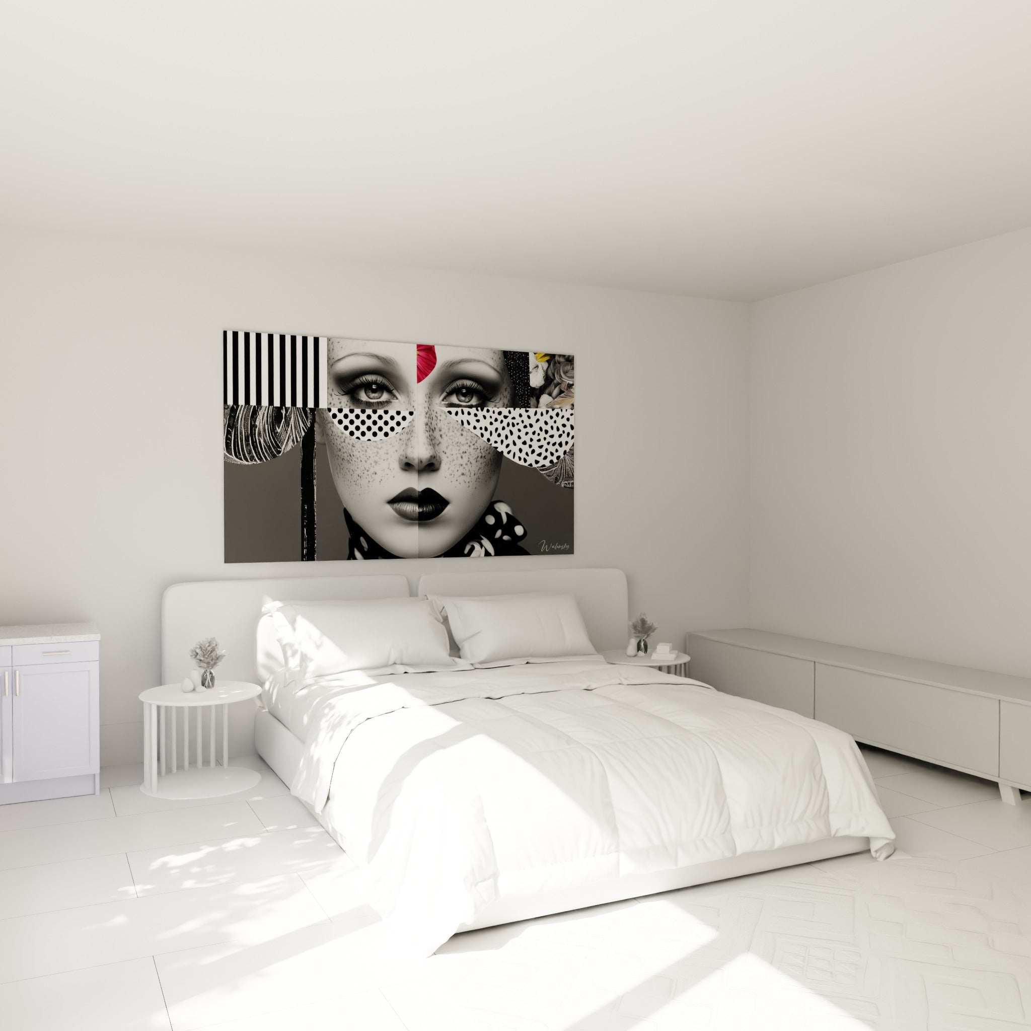 Portrait fragmenté aux motifs pois blancs et fleur rouge, au-dessus d'un lit dans une chambre claire