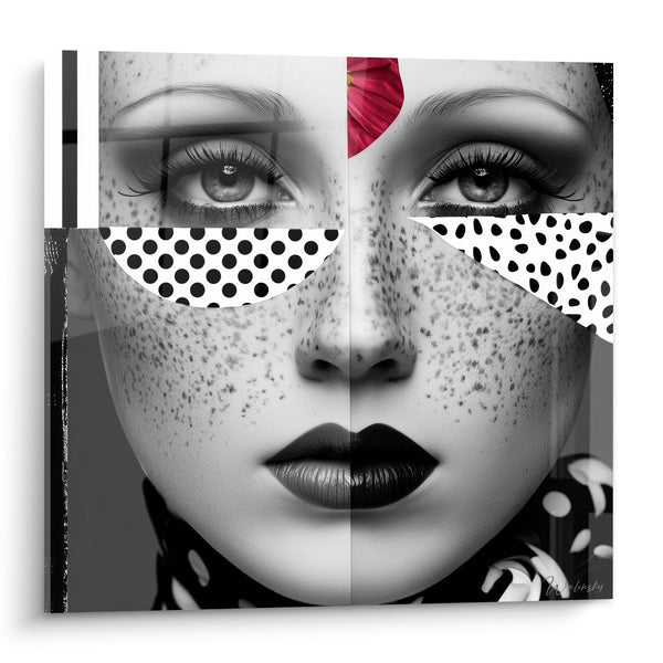 Tableau Visage noir et blanc aux pois superposés - Pétale rouge sur front - Edition Visage abstrait