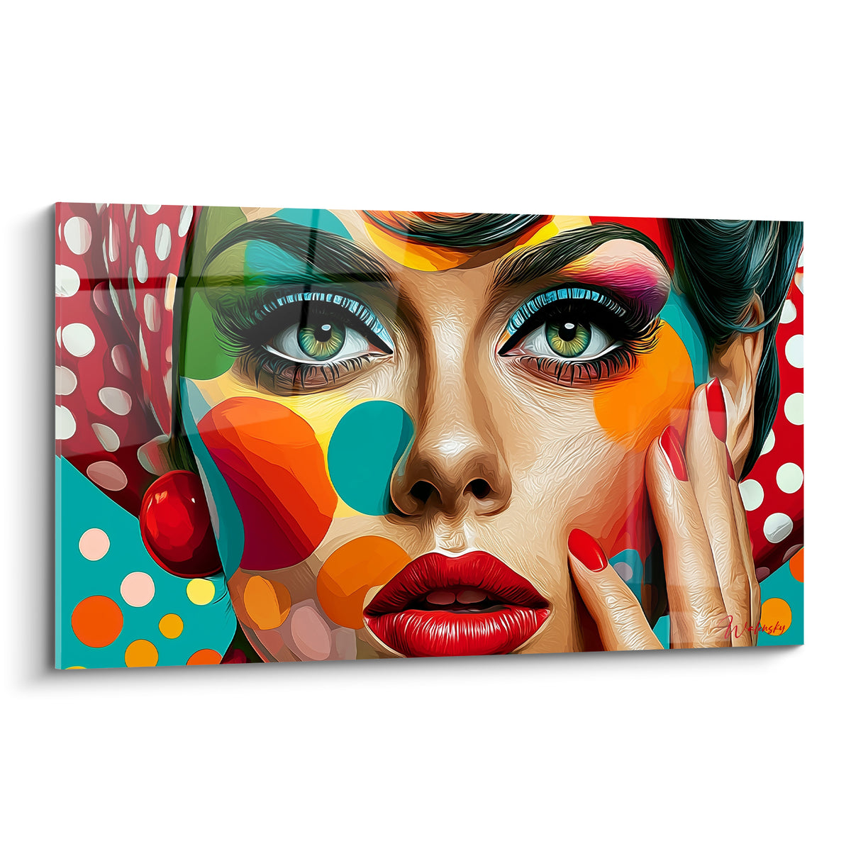 Visage abstrait aux yeux verts et lèvres rouge vif entouré de cercles turquoise et orange pop art