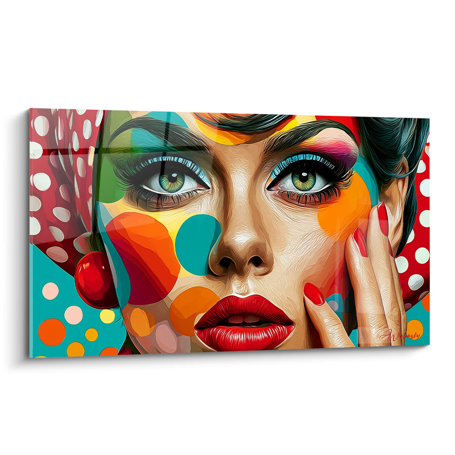 Tableau Portrait pop art rouge et turquoise à pois - Éveil chromatique - Edition Visage abstrait