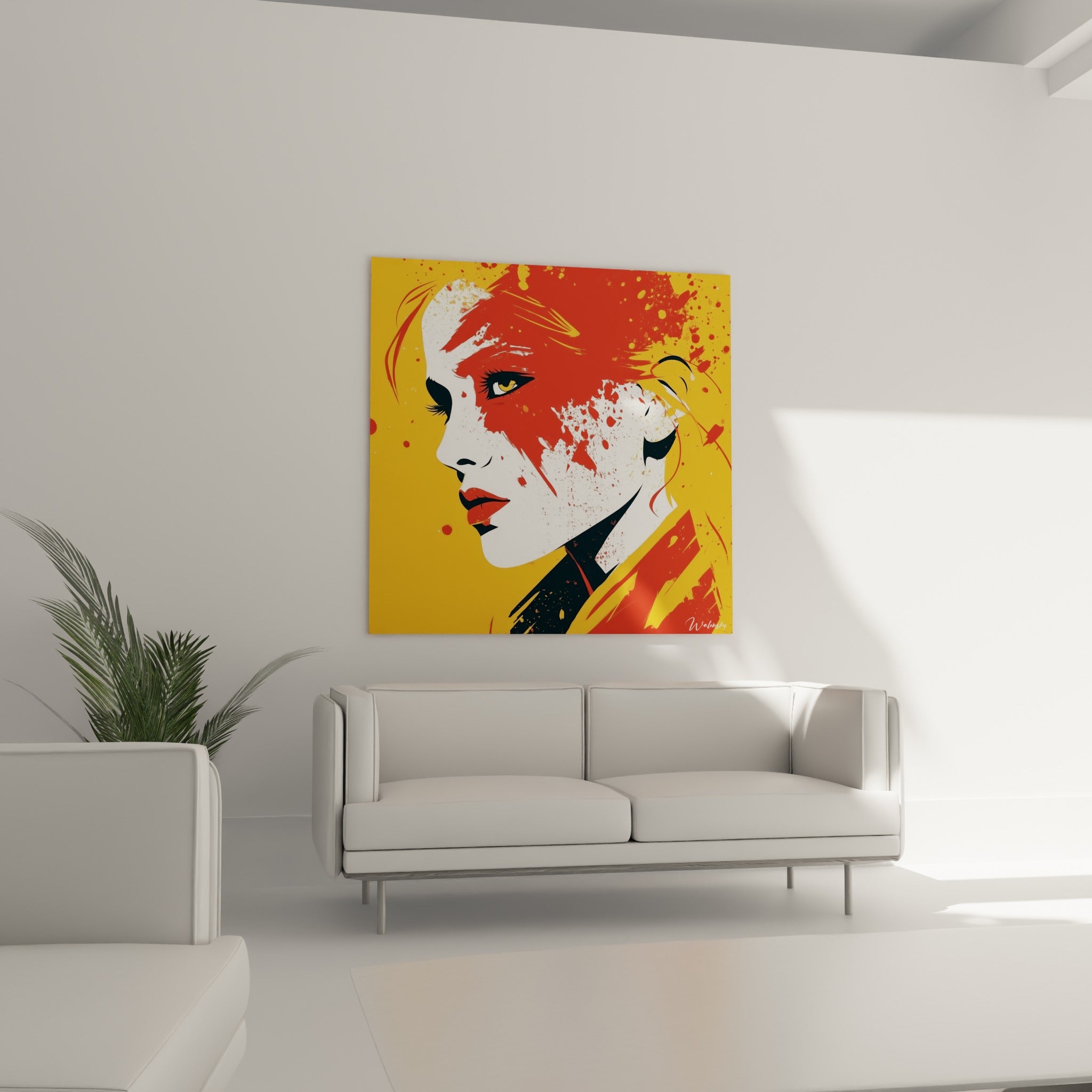 Silhouette au regard doré, visage abstrait rouge et jaune, au-dessus d'un canapé dans un salon lumineux