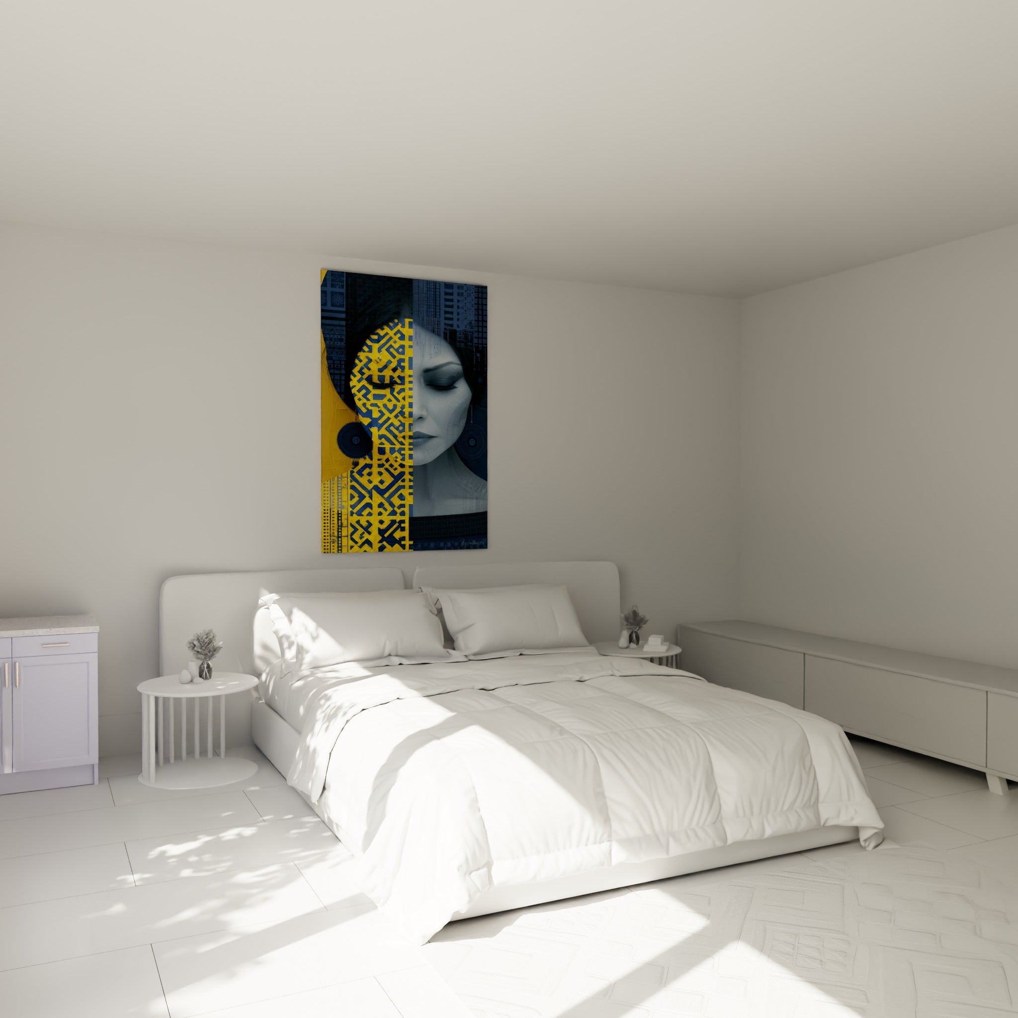 Portrait mi-géométrique mi-réaliste en jaune et bleu marine au-dessus d'un lit dans une chambre claire