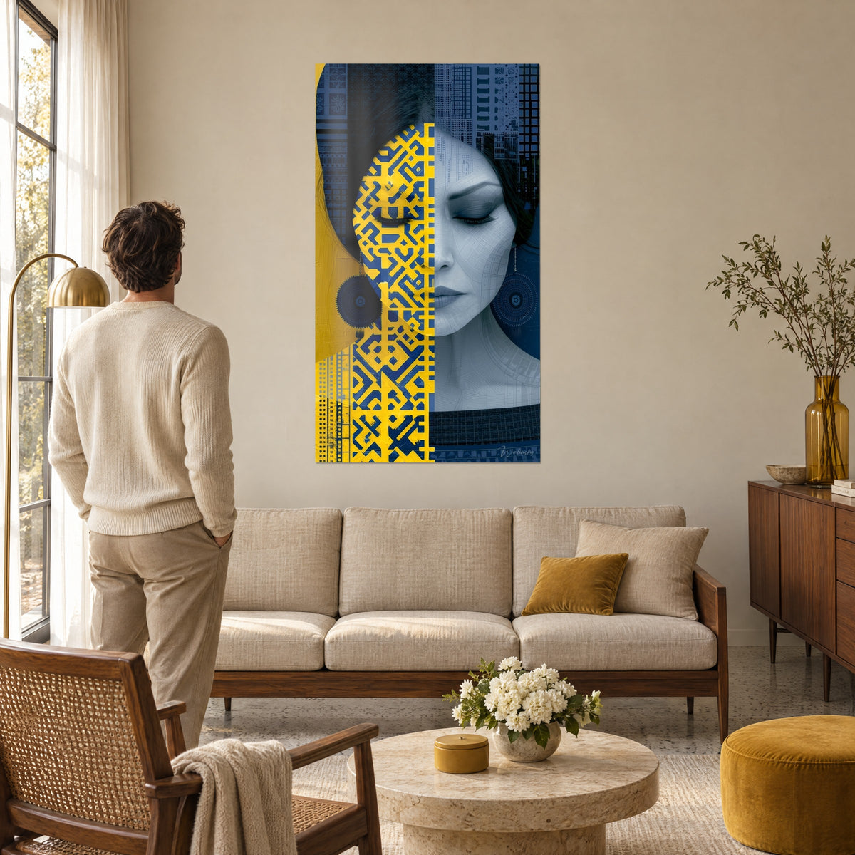 Tableau portrait féminin moitié jaune labyrinthe, moitié bleu nuit, avec un homme de dos au-dessus d'un canapé dans un salon lumineux