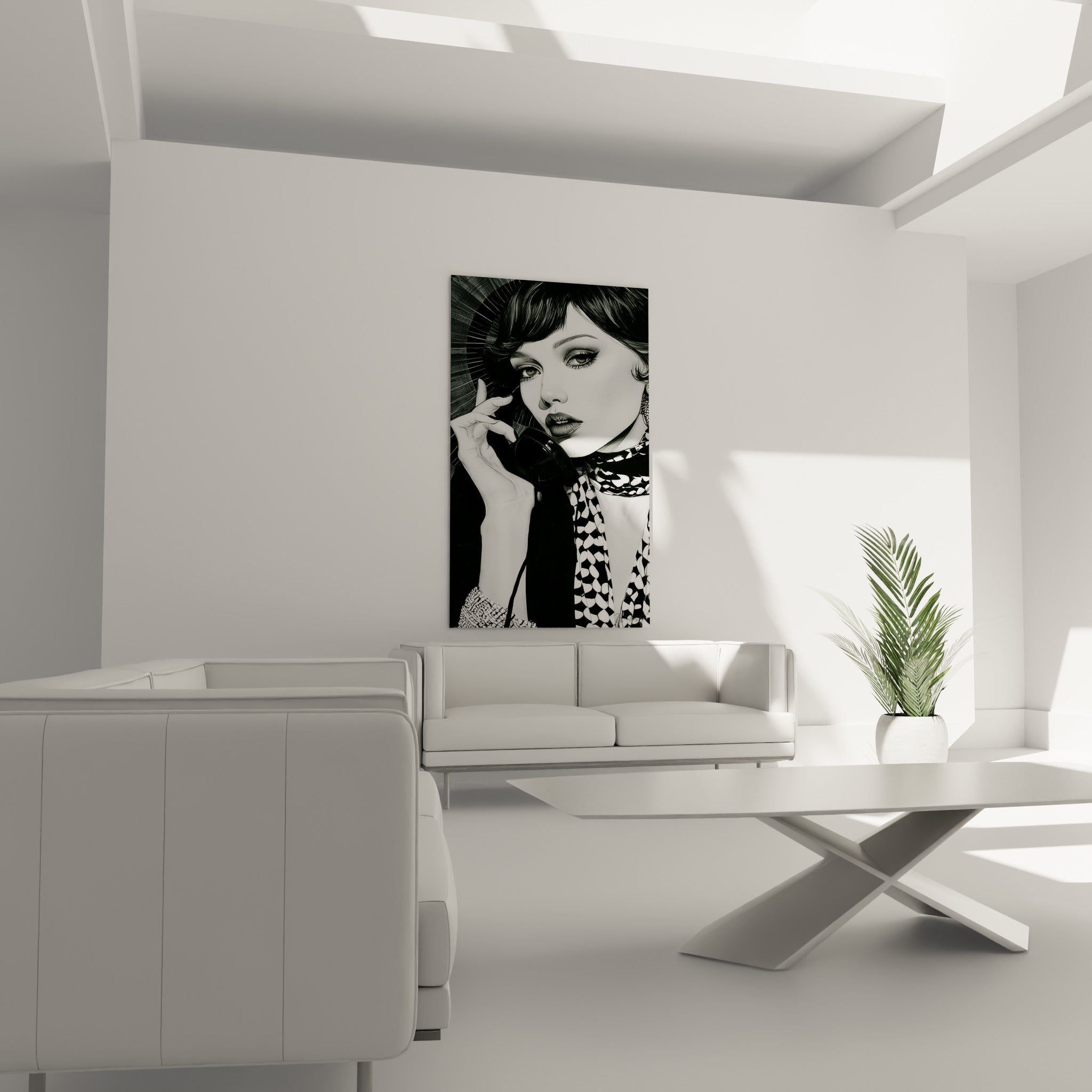 Visage abstrait en noir et blanc, foulard à pois graphique, au-dessus d'un canapé dans un salon lumineux