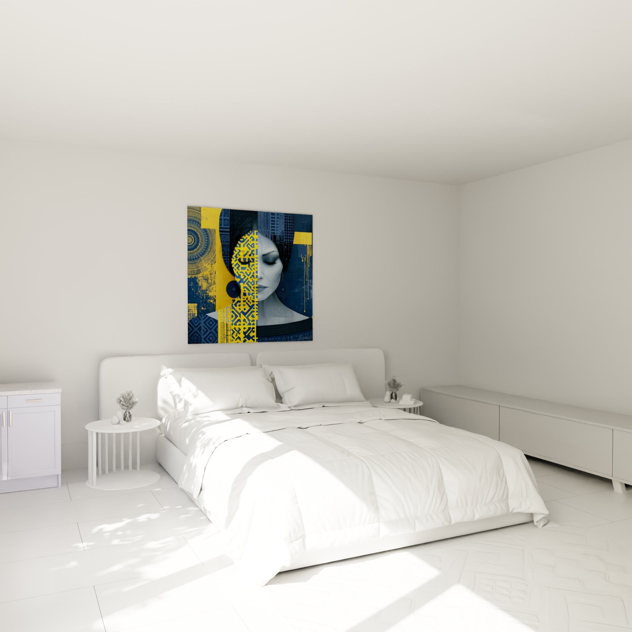 Portrait fusionné bleu gris et jaune ocre au-dessus d'un lit dans une chambre claire