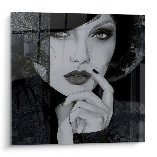 Visage abstrait féminin en noir et blanc, chapeau sombre, doigt sur les lèvres, textures graphiques