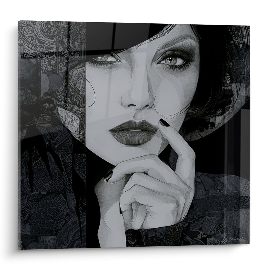 Tableau Portrait féminin noir et blanc au chapeau - Secret gardé - Edition Visage abstrait