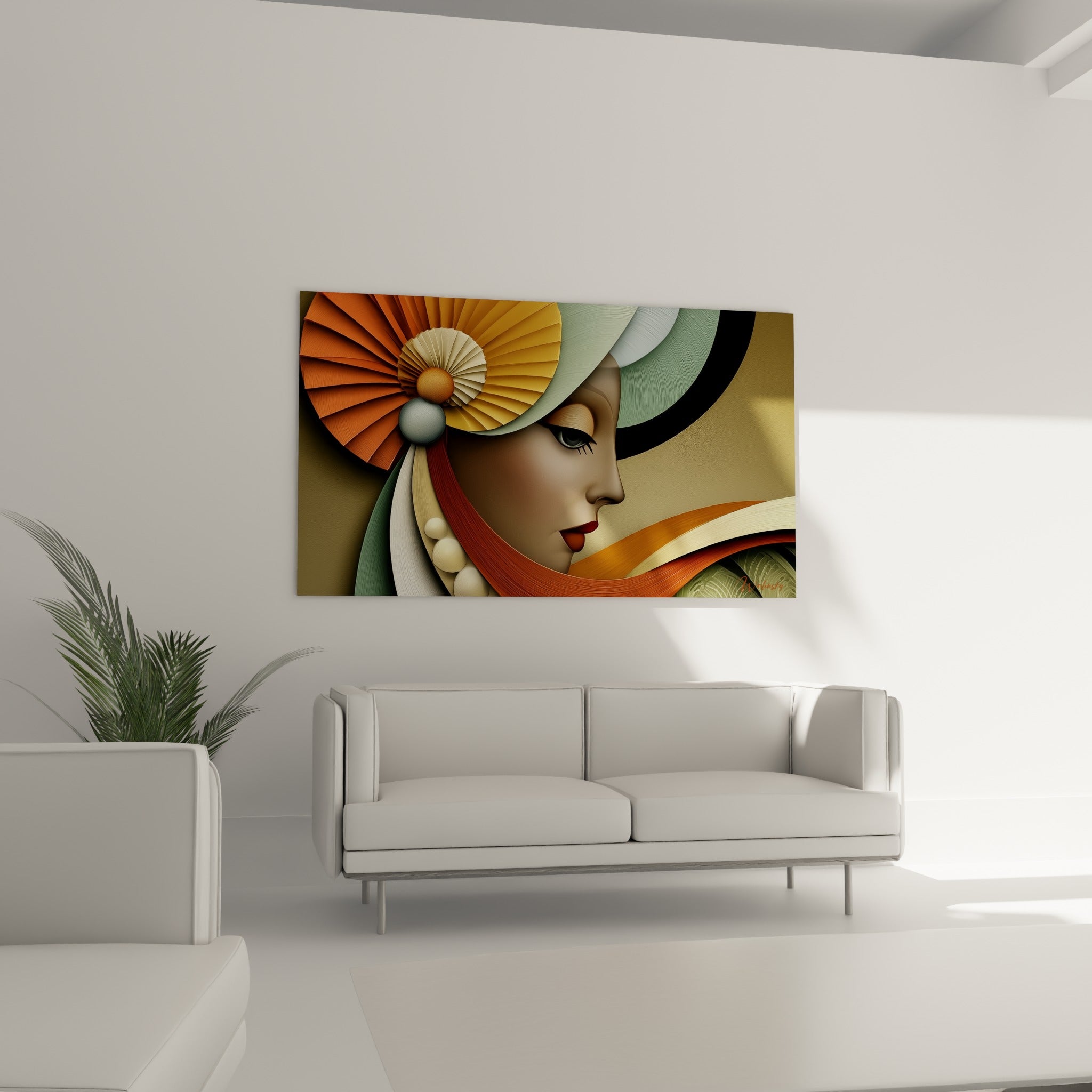 Portrait du visage abstrait vert sauge et doré au-dessus d'un canapé dans un salon lumineux