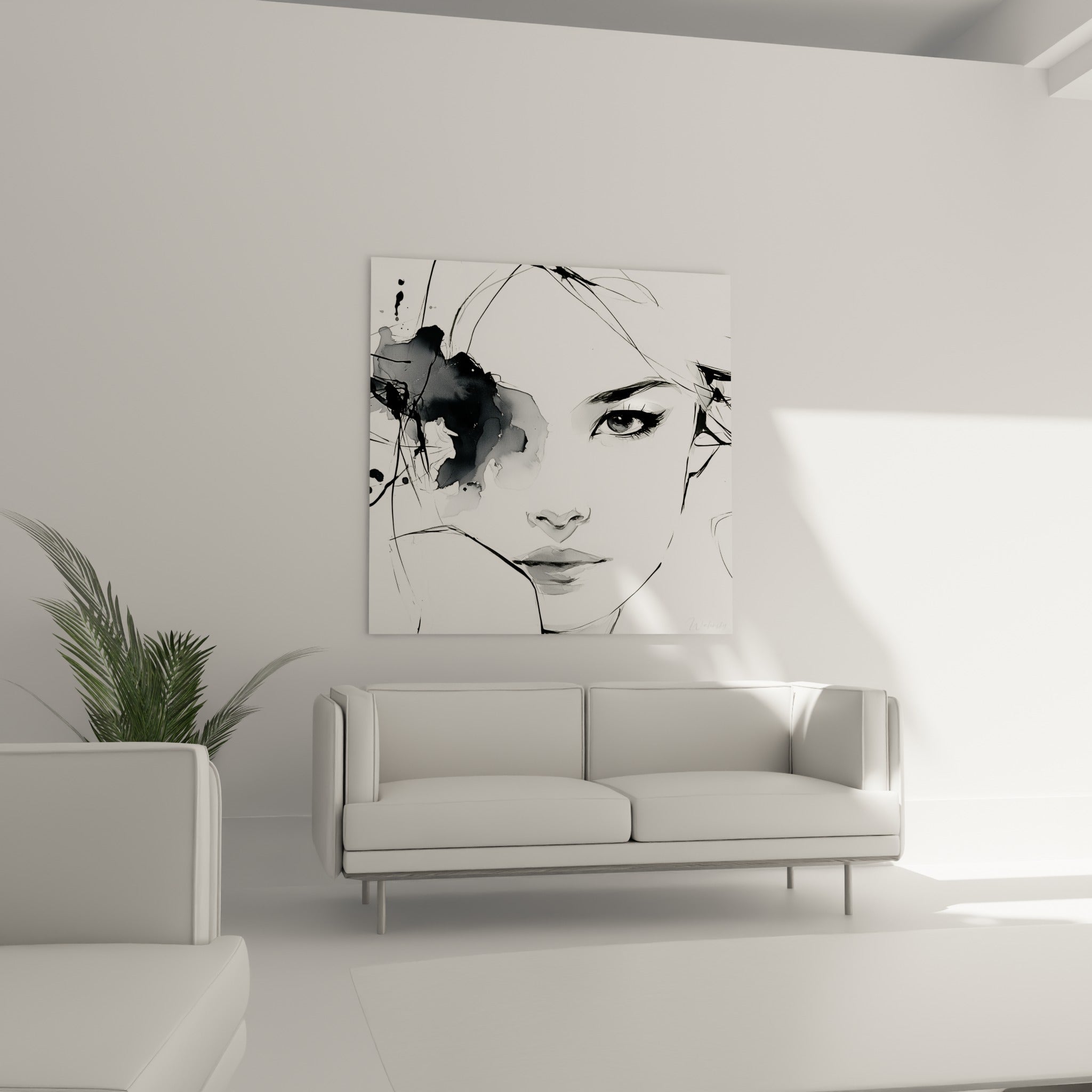 Silhouette féminine en encre de Chine noire et blanche, tache anthracite expressive, au-dessus d'un canapé dans un salon lumineux