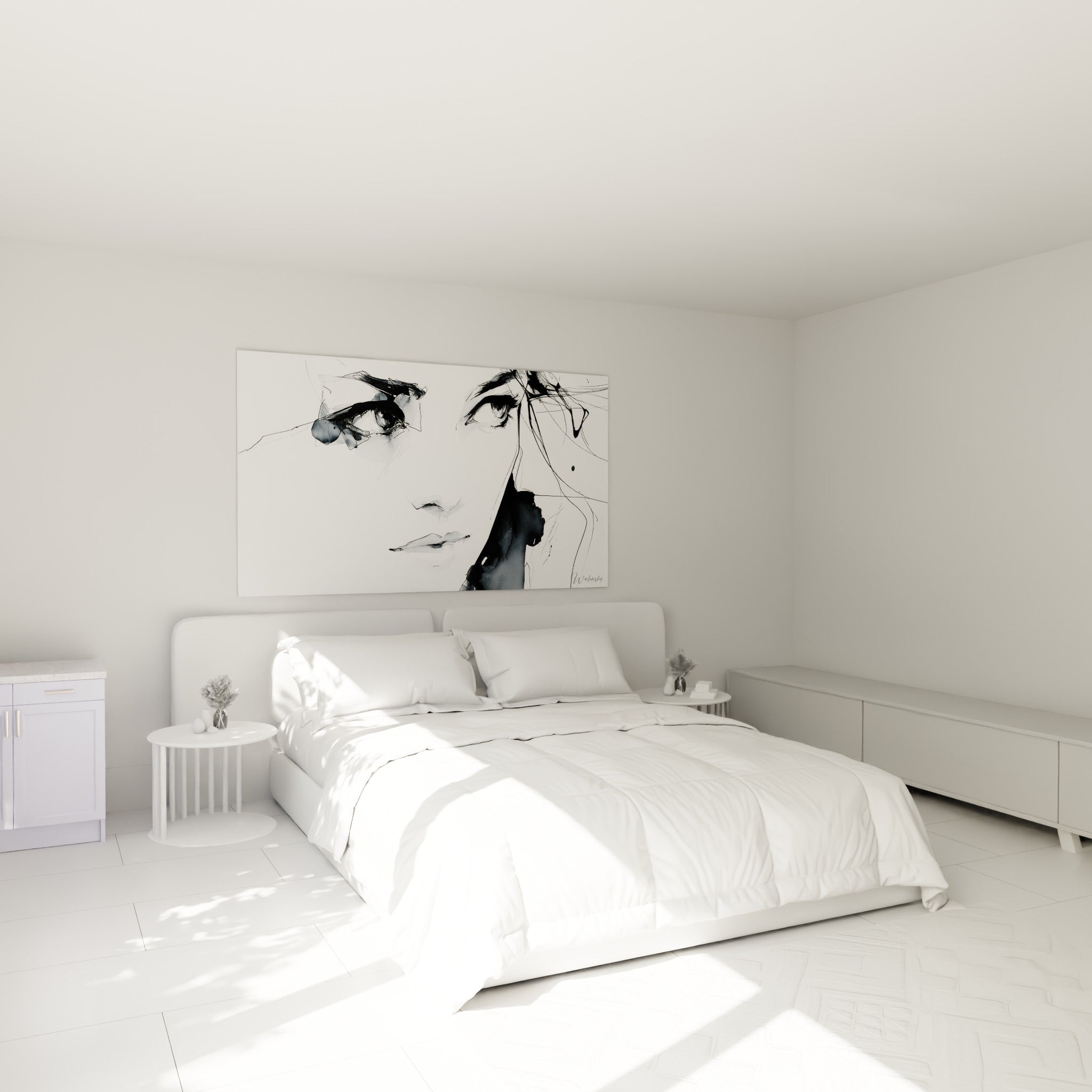 Portrait féminin au trait noir intense, visage abstrait suspendu au-dessus d'un lit dans une chambre claire