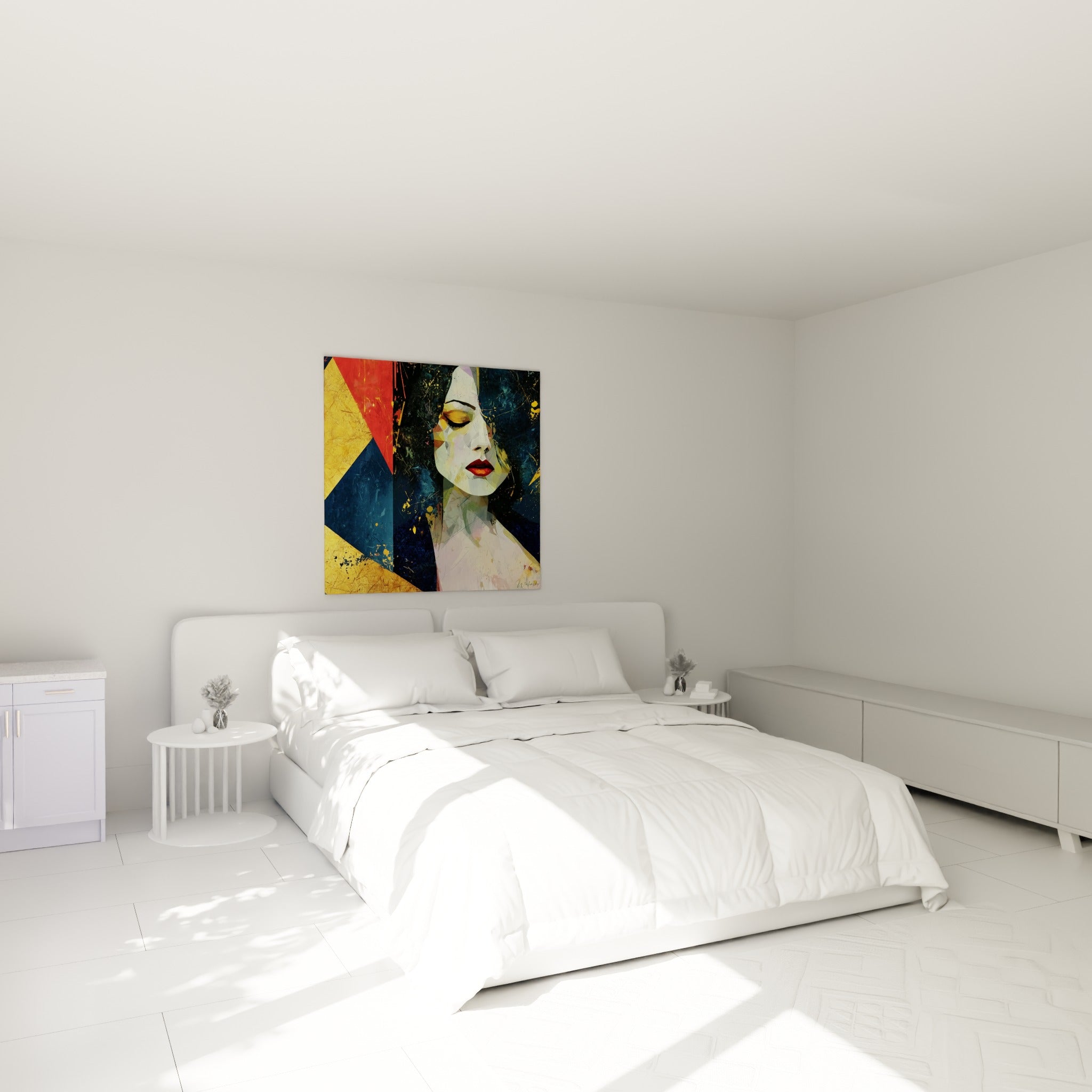 Portrait fragmenté doré et rouge du Visage abstrait au-dessus d'un lit dans une chambre claire