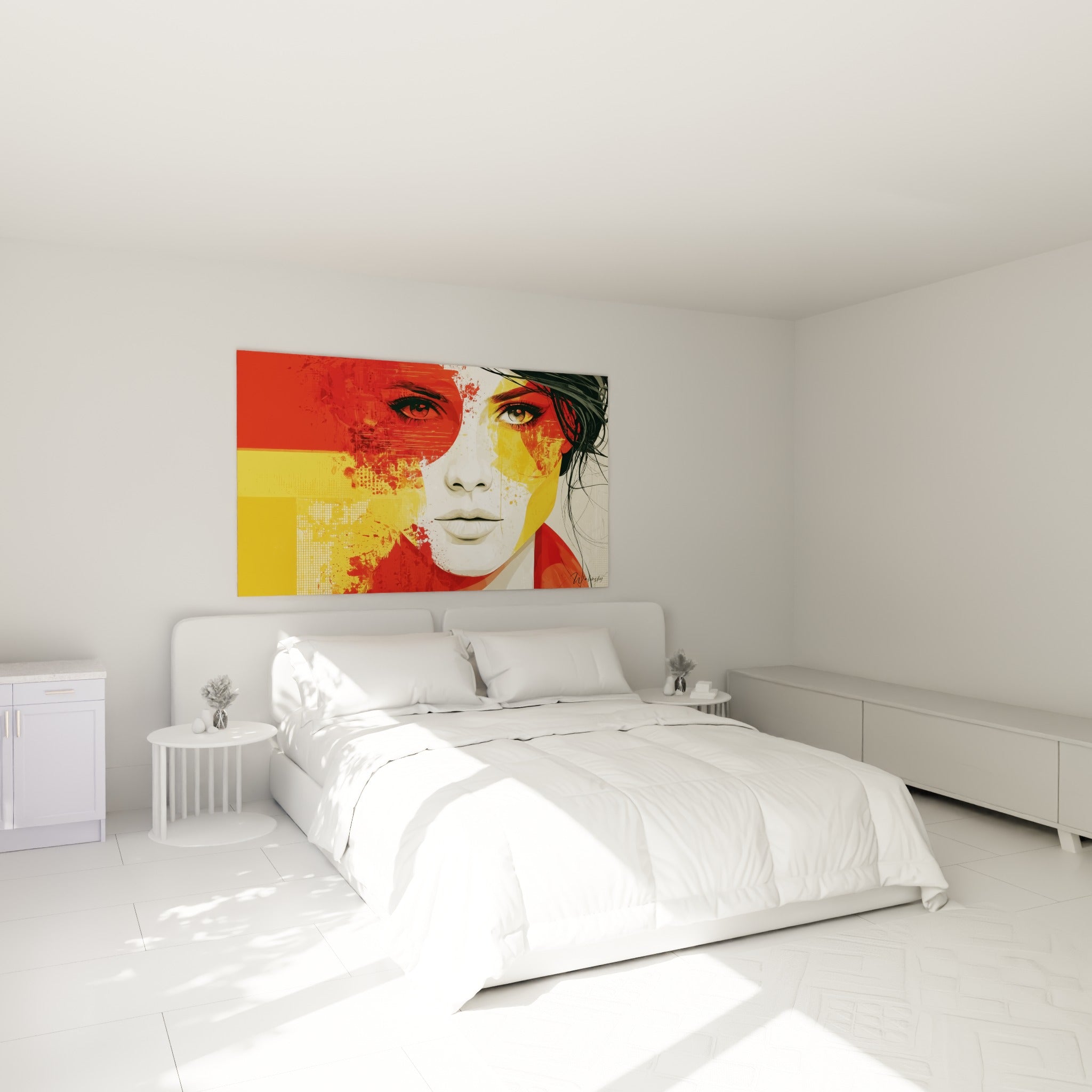 Portrait fragmenté rouge et doré, cheveux noirs esquissés, accroché au-dessus d'un lit dans une chambre claire
