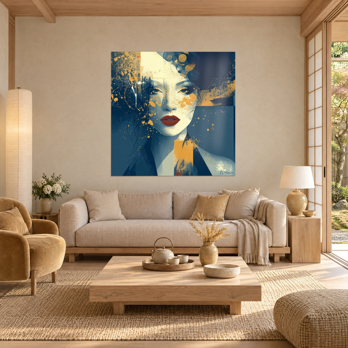 Wall art female portrait with red lips, gold splashes on a navy blue background, above a sofa in a bright living room