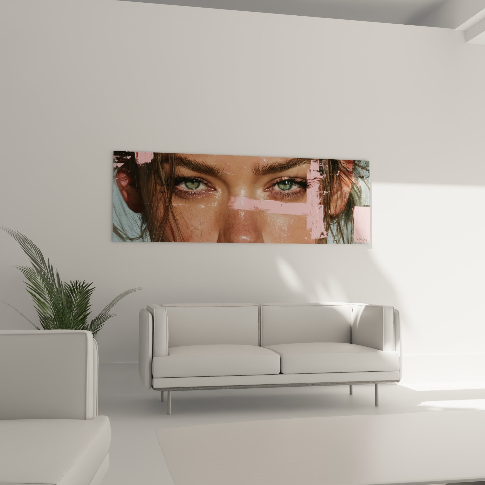Portrait fragmenté aux tons rose et bleu pastel, visage abstrait au-dessus d'un canapé dans un salon lumineux