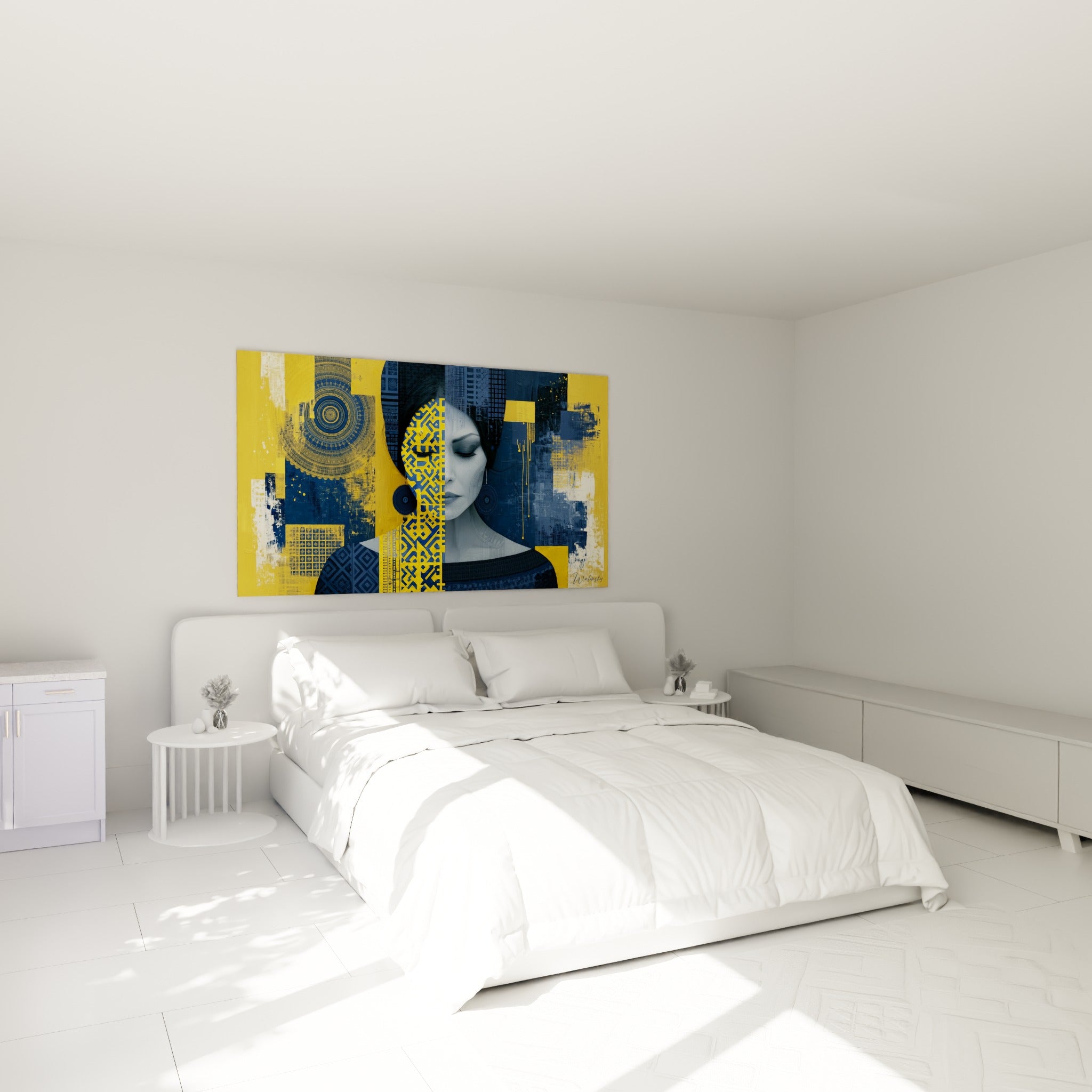 Portrait fragmenté jaune moutarde et bleu marine du Visage abstrait, au-dessus d'un lit dans une chambre claire