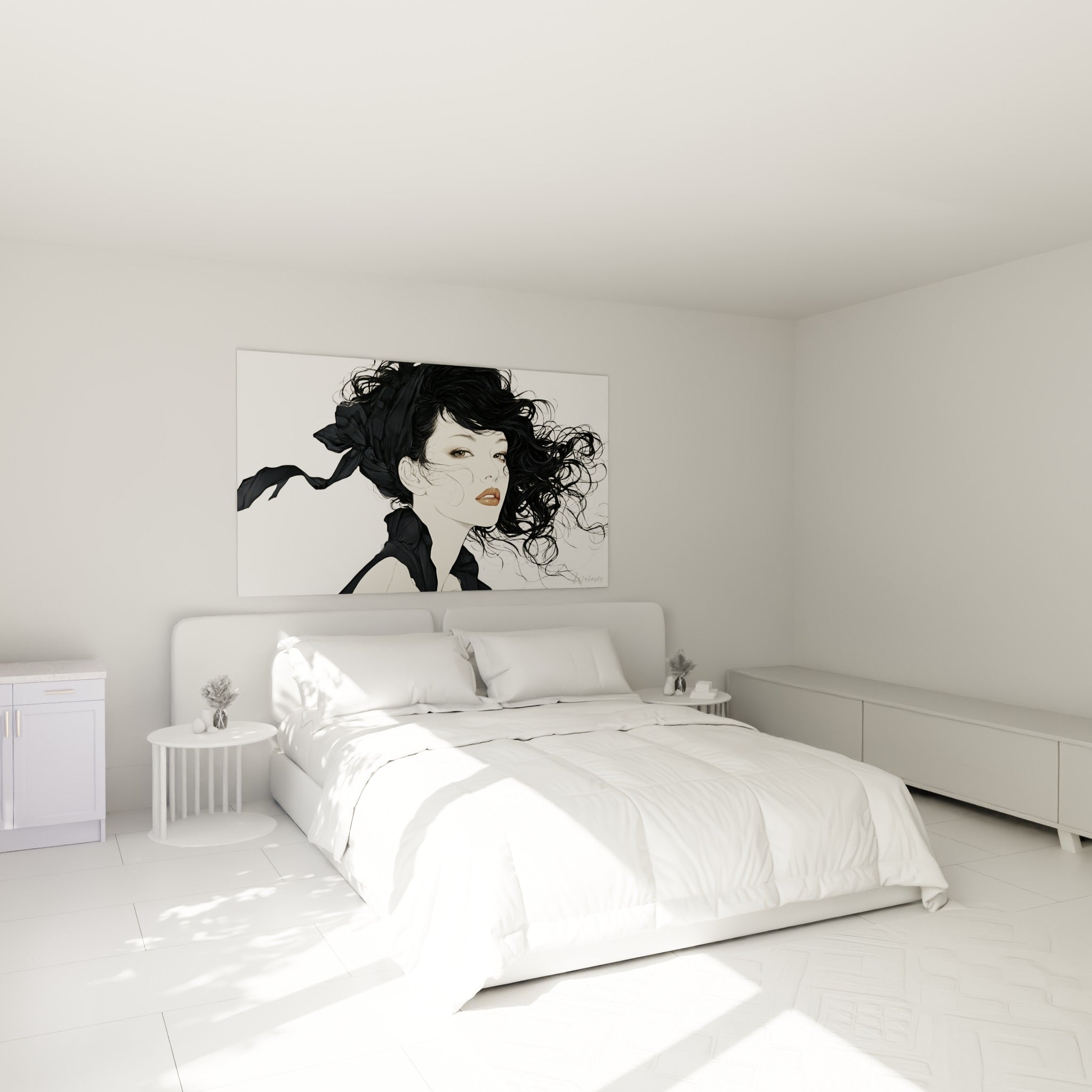 Chevelure noire virevoltante et regard perçant du visage abstrait au-dessus d'un lit dans une chambre claire
