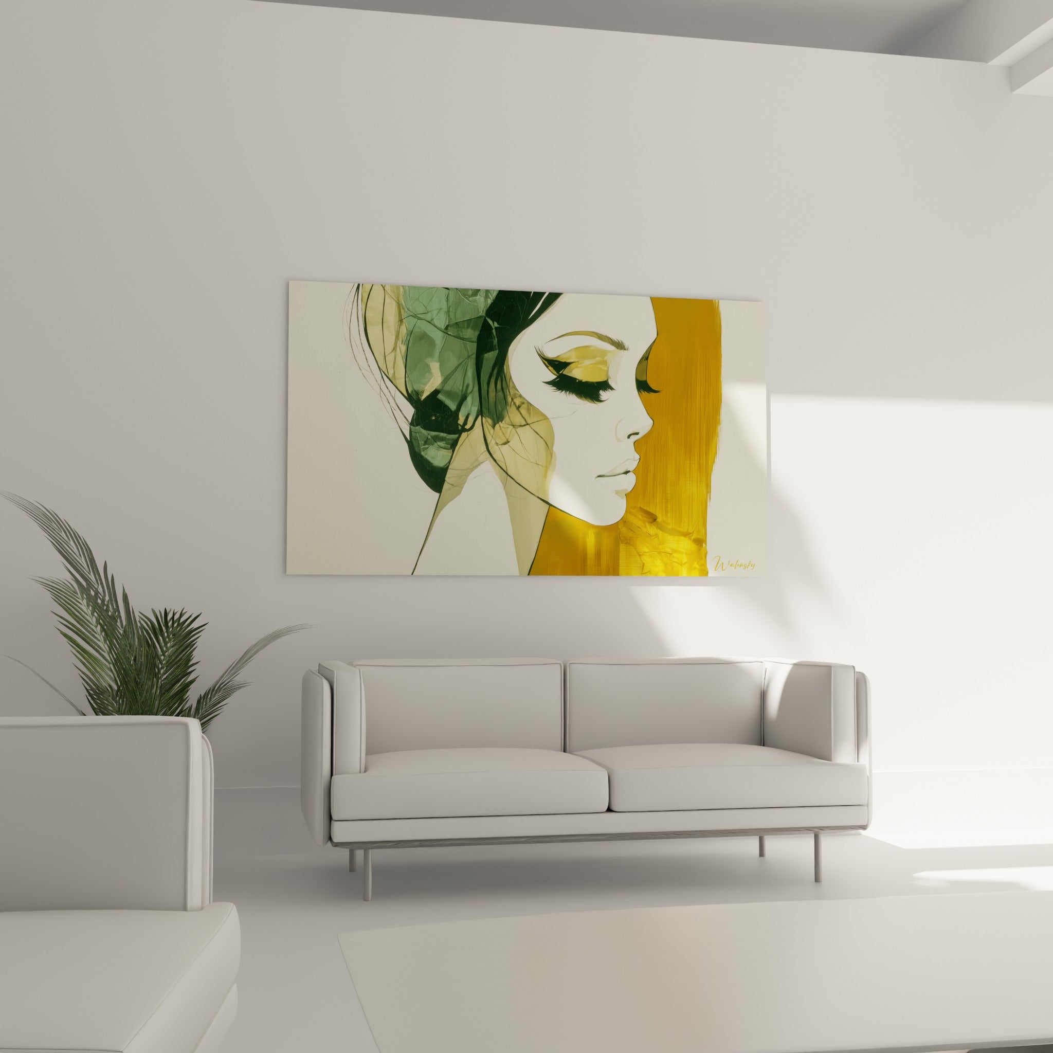 Silhouette féminine du Visage abstrait, tons ocre et sauge, au-dessus d'un canapé dans un salon lumineux.
