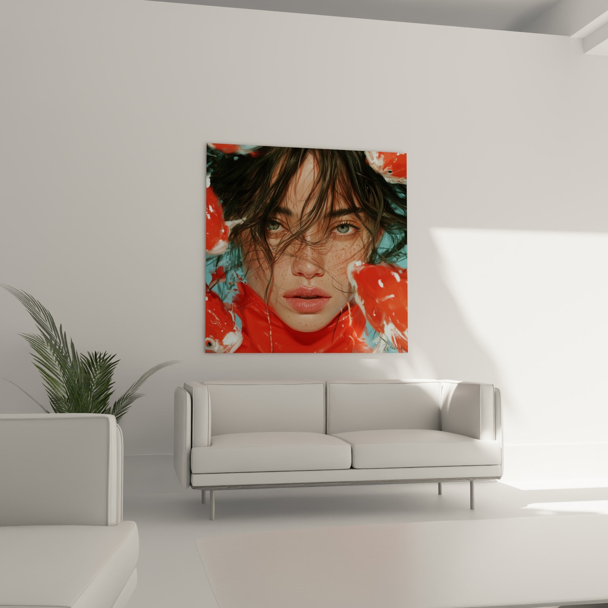 Portrait féminin du Visage abstrait aux mèches brunes et carpes rouges au-dessus d'un canapé dans un salon lumineux