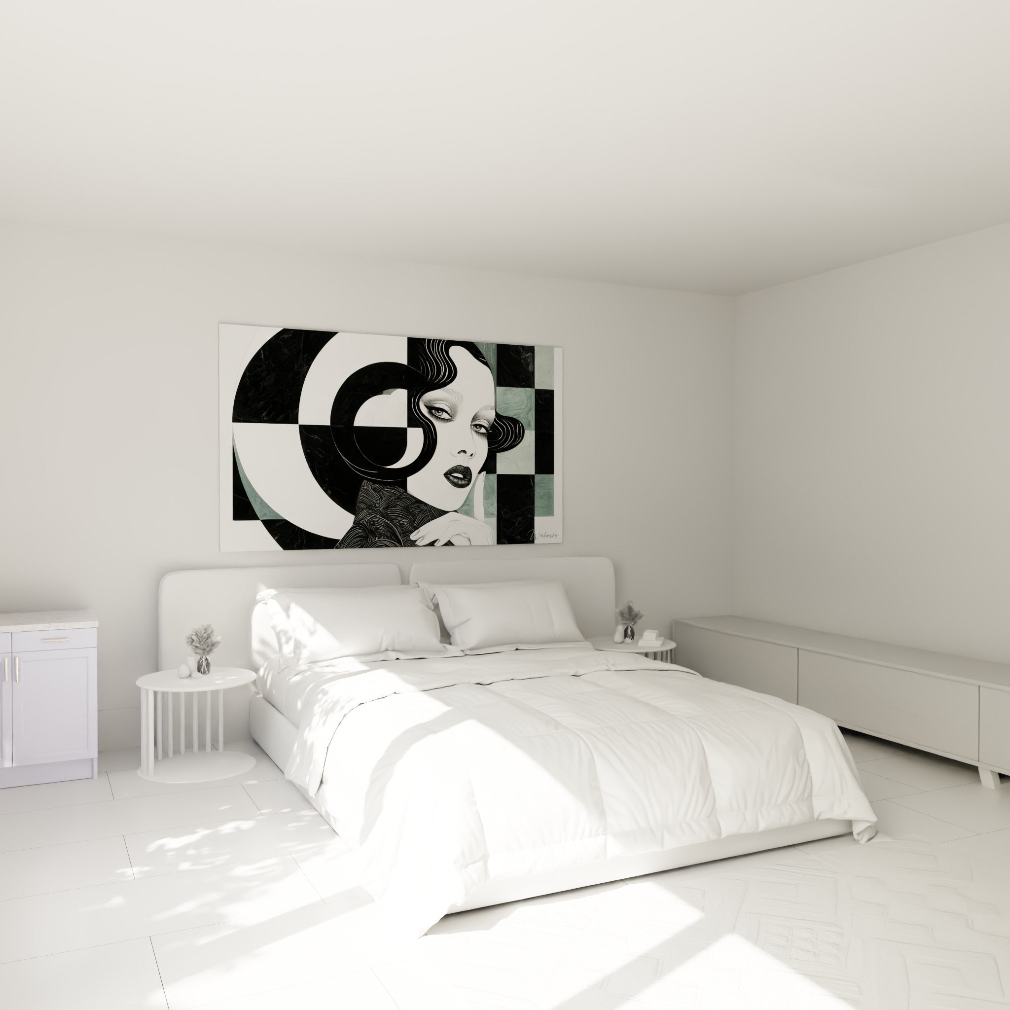 Portrait Visage abstrait aux lèvres noires accroché au-dessus d'un lit dans une chambre claire
