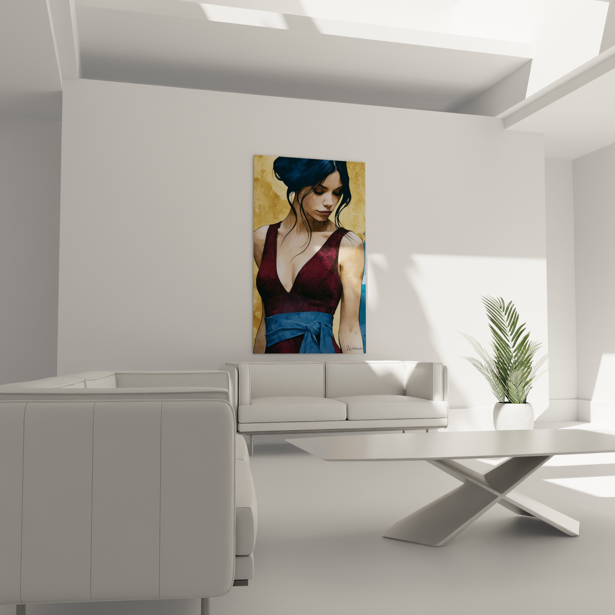 Femme au regard baissé dans ce visage abstrait bleu et bordeaux, au-dessus d'un canapé dans un salon lumineux