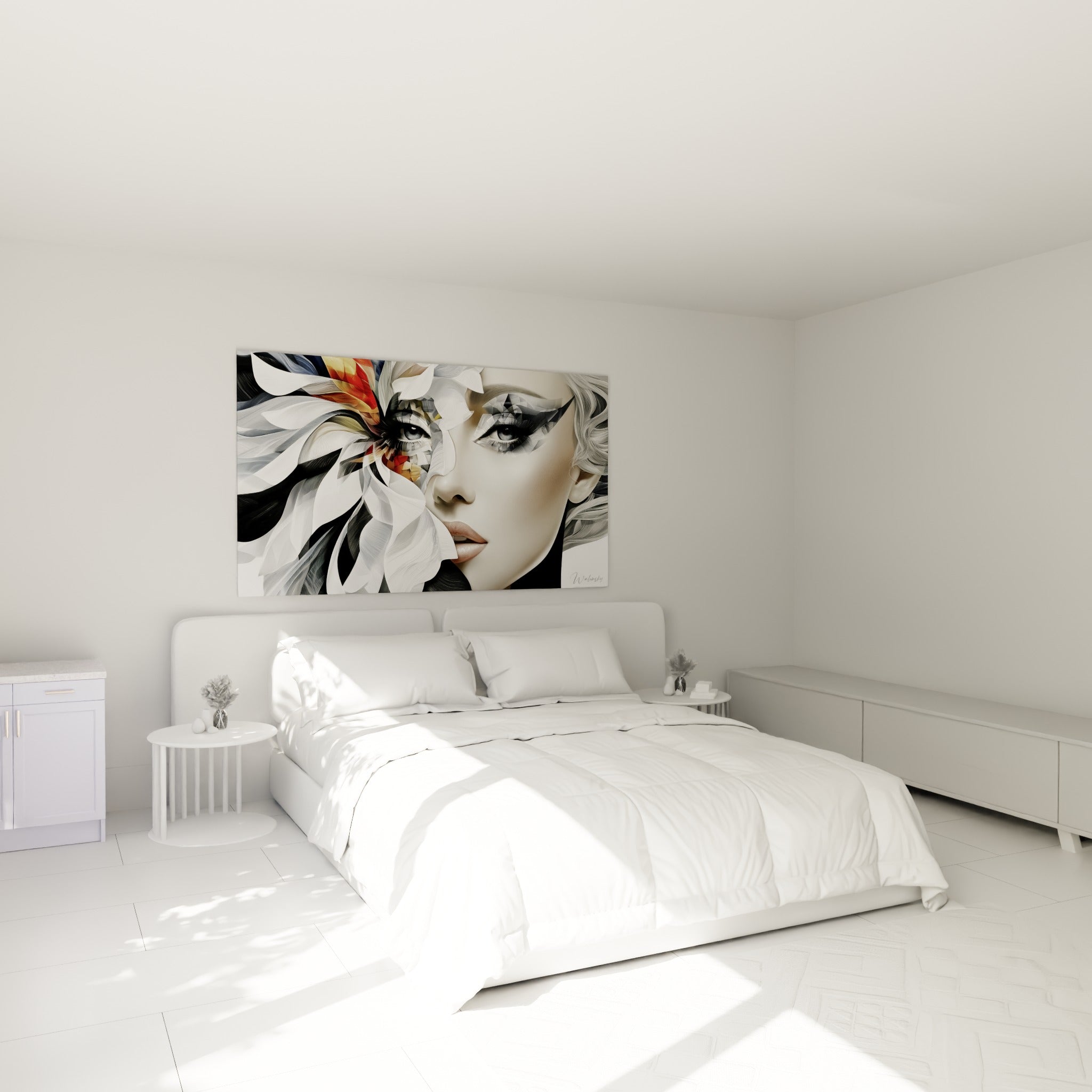 Portrait fleuri en camaïeu gris et blanc du Visage abstrait, accroché au-dessus d'un lit dans une chambre claire
