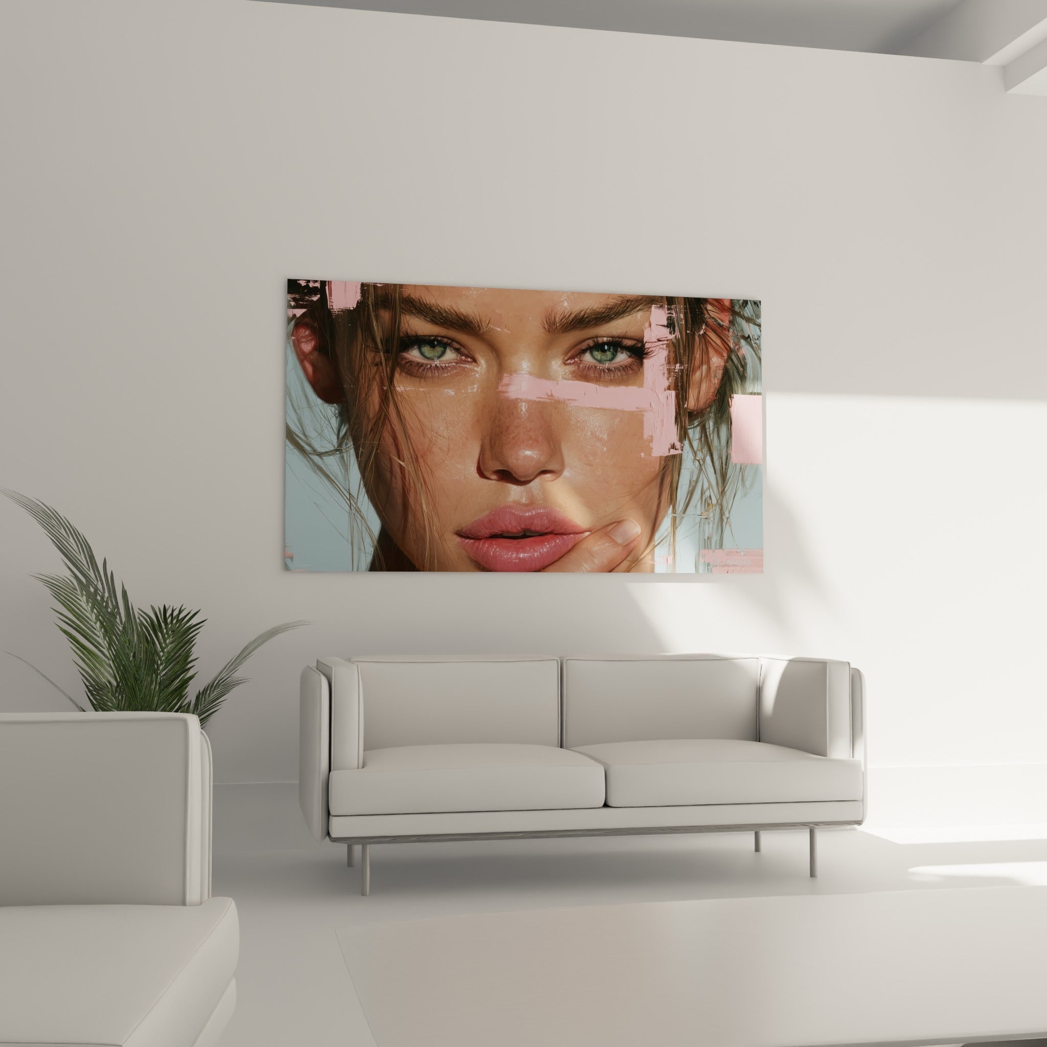 Portrait féminin du visage abstrait aux touches roses, au-dessus d'un canapé dans un salon lumineux