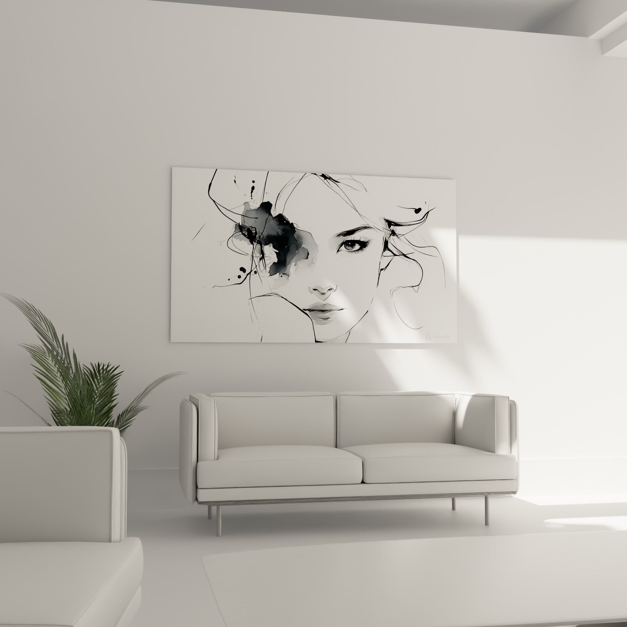 Regard suspendu d'un visage abstrait à l'encre noire et grise, au-dessus d'un canapé dans un salon lumineux