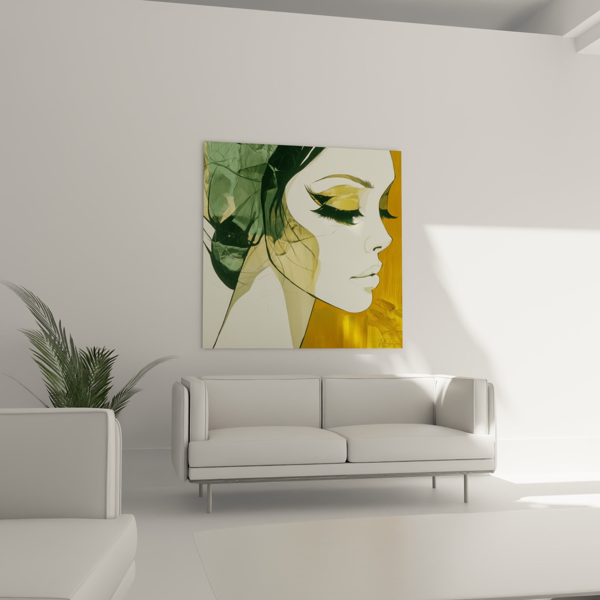 Portrait stylisé vert et jaune doré, traits fins à l'encre, au-dessus d'un canapé dans un salon lumineux