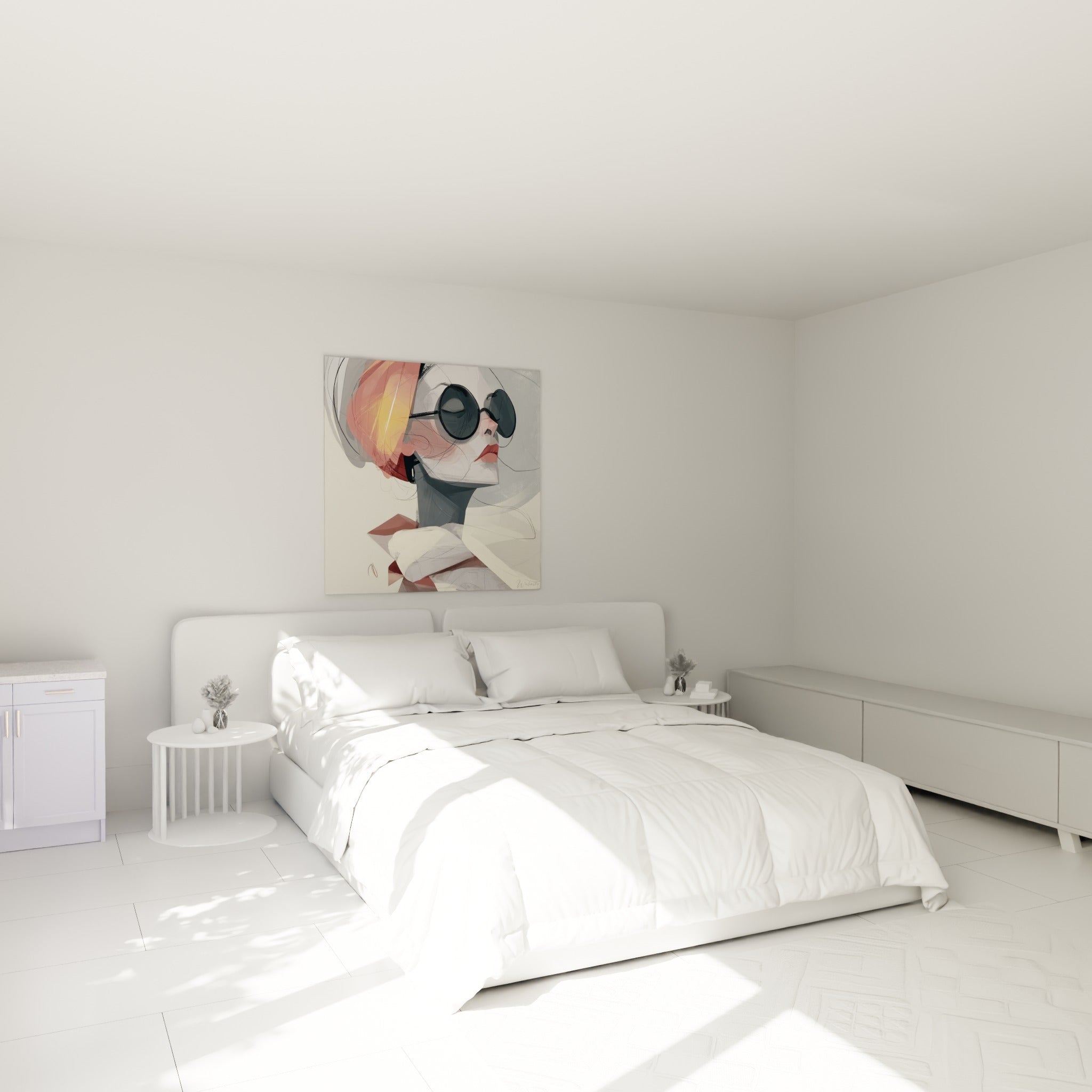 Portrait visage abstrait corail et anthracite au-dessus d'un lit dans une chambre claire