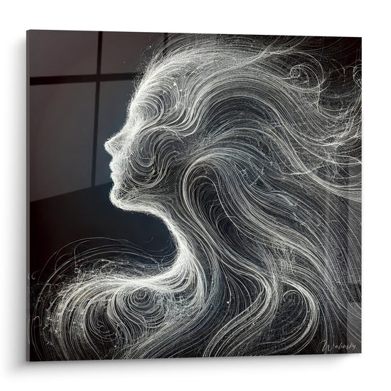 Visage abstrait blanc et anthracite au profil tissé de mèches ondulantes sur fond sombre
