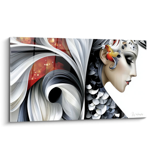 Tableau Visage blanc et noir aux plumes sculptées - Spirale rouge incandescente - Edition Visage abstrait