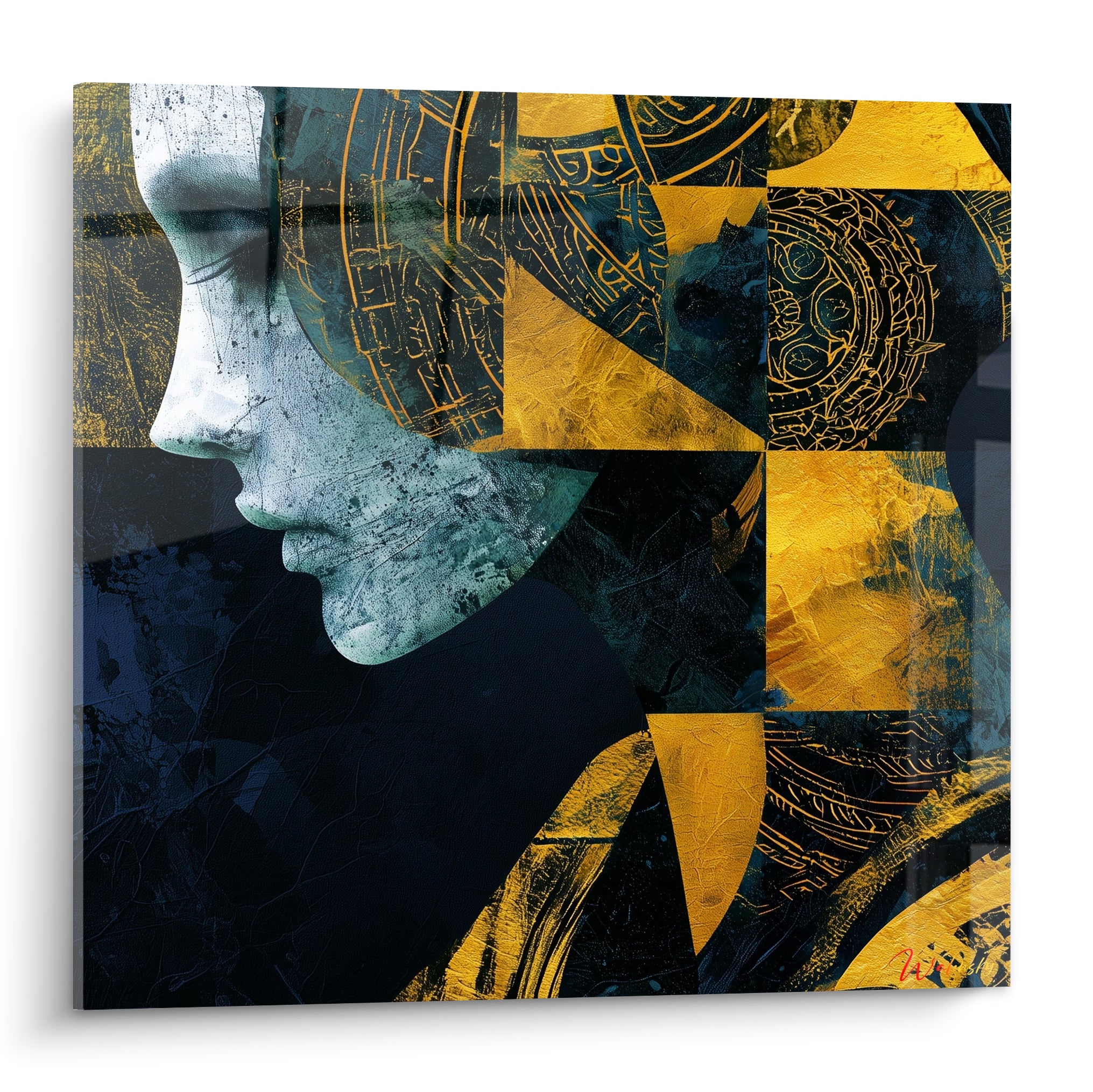 Visage abstrait au profil bleu nuit et doré, moitié gravée de motifs géométriques ornementaux