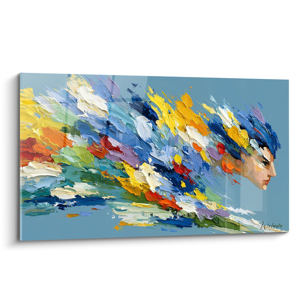Tableau Profil bleu et jaune aux touches multicolores - Envol des pensées - Edition Visage abstrait