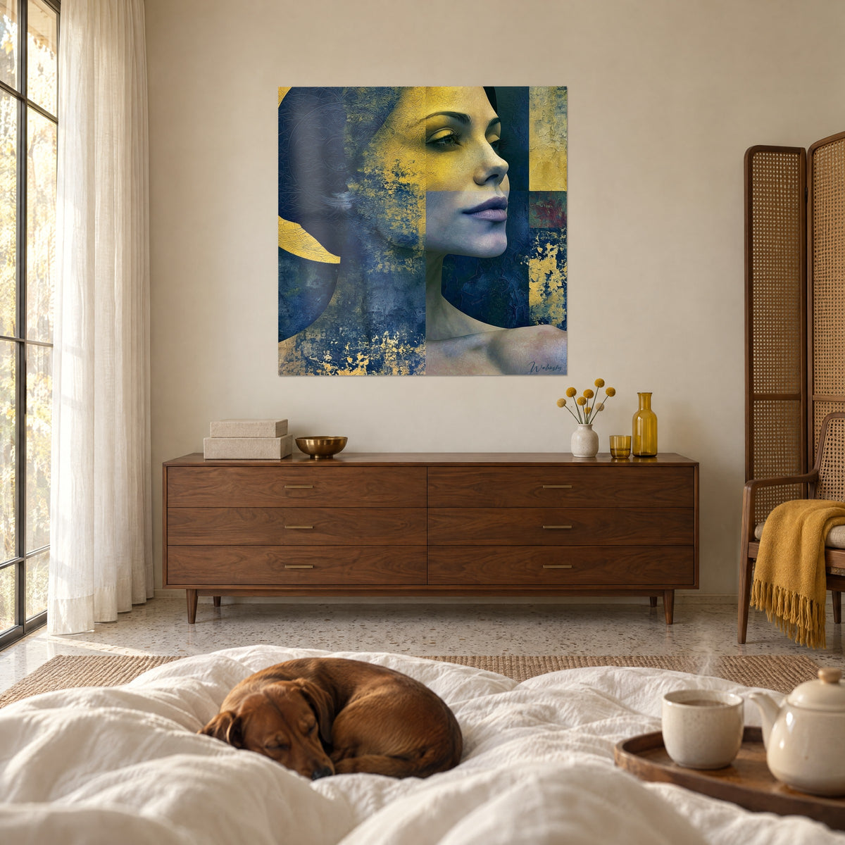 Tableau profil de femme aux reflets jaune moutarde sur fond bleu marine craquelé, au-dessus d'un lit dans une chambre claire