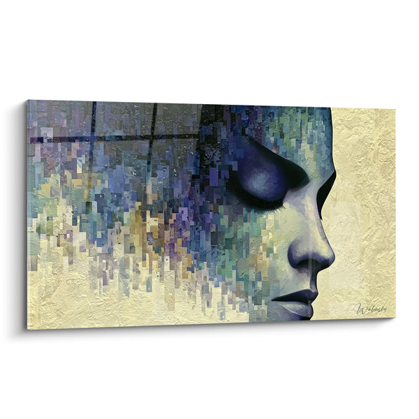 Tableau Profil bleu et beige aux pixels dissous - Paupière close en dégradé - Edition Visage abstrait